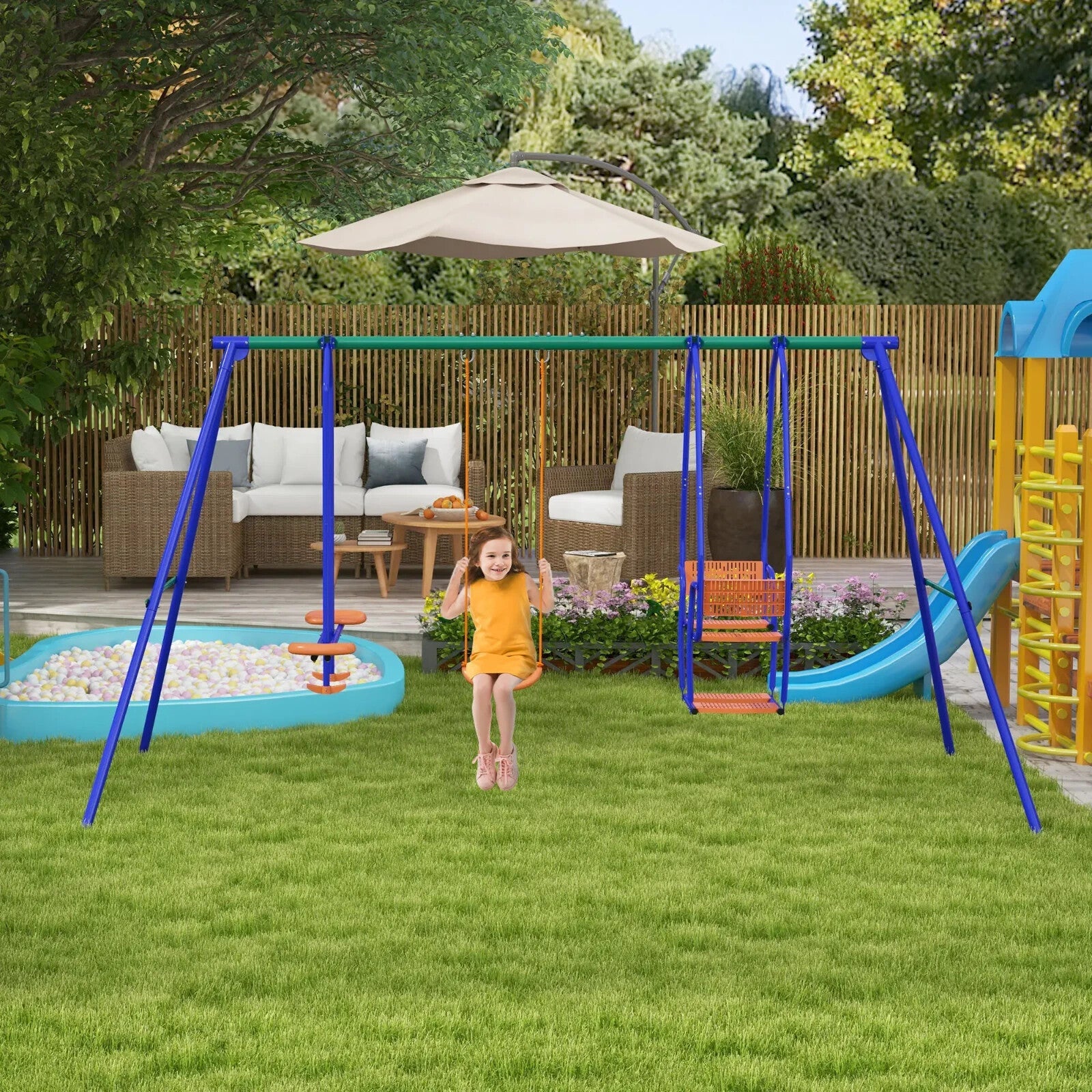 3 in 1 Metal Kids Swing Set with Glider Rocking Chair & Outdoor Swing for Garden - Home and Garden Furniture Shop - rustic - furniture