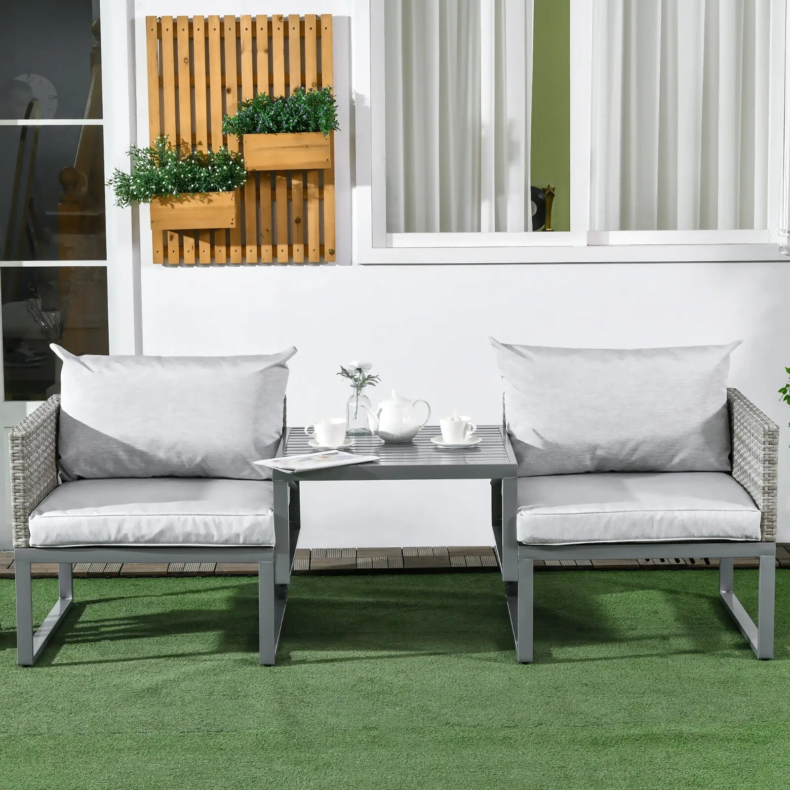 3 - in - 1 Rattan Bistro Set Wicker Garden Furniture with 2 - level Rising Table Grey - Home and Garden Furniture Shop - rustic - furniture