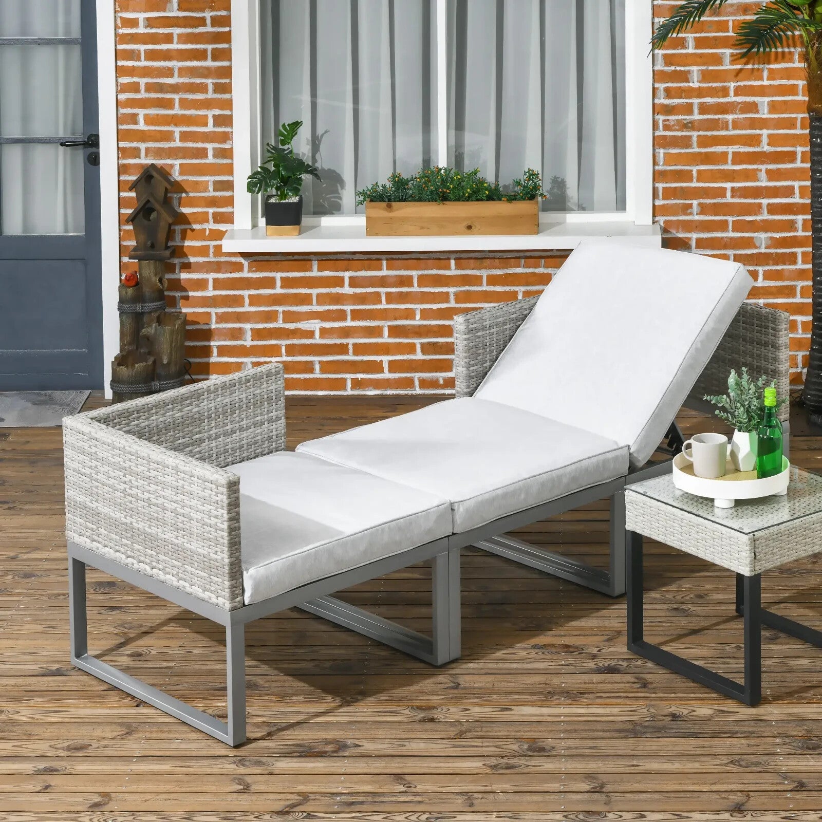 3 - in - 1 Rattan Bistro Set Wicker Garden Furniture with 2 - level Rising Table Grey - Home and Garden Furniture Shop - rustic - furniture