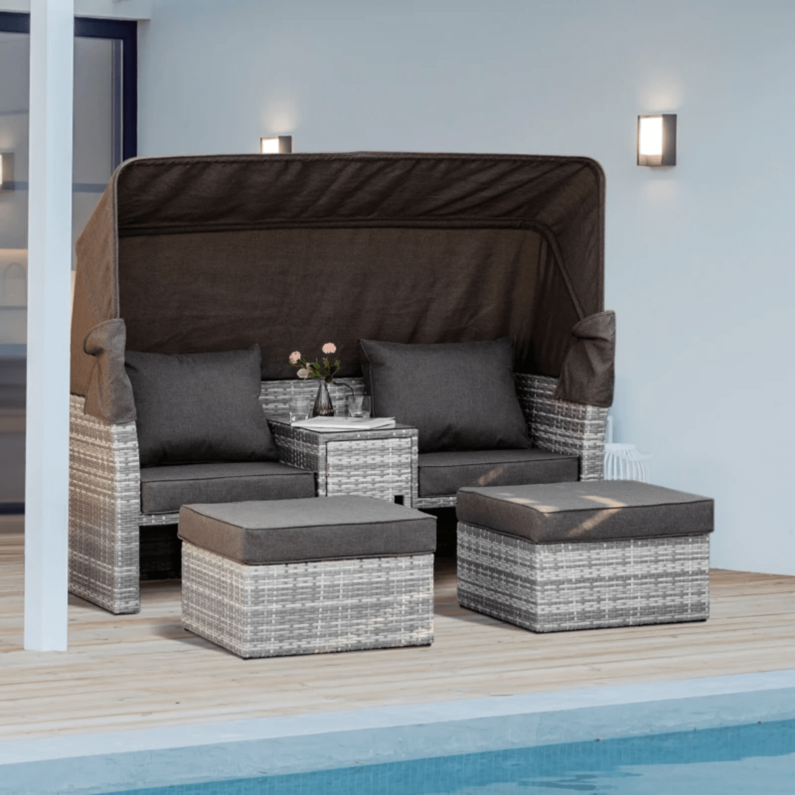 3 PC Outdoor Rattan Daybed Patio Garden Sofa Set with Stool Table Canopy Cushion - Home and Garden Furniture Shop - #rustic - furniture#