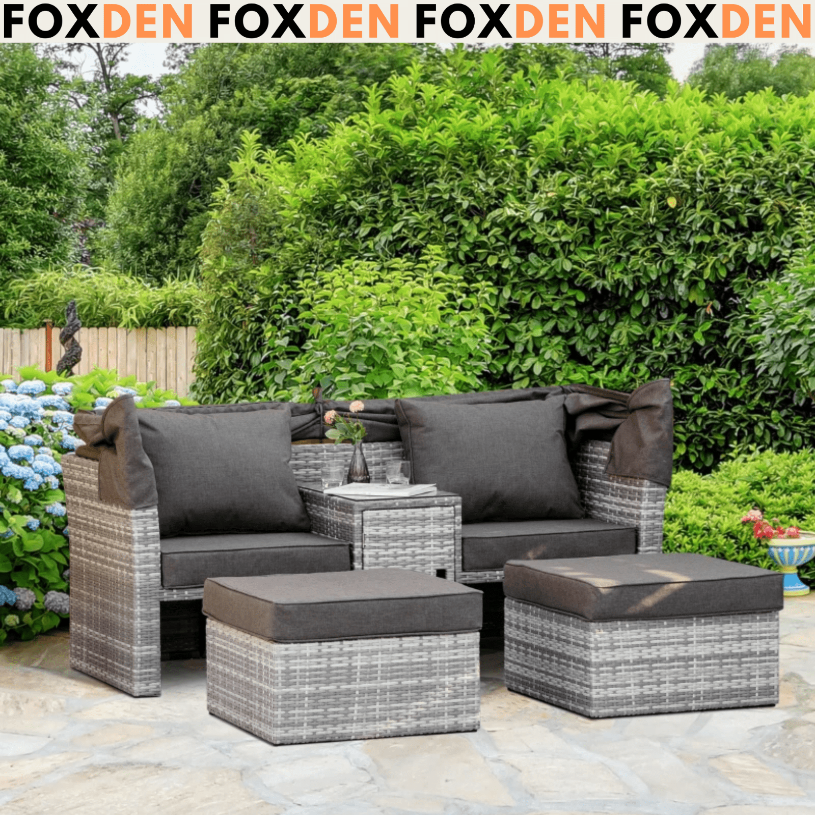 3 PC Outdoor Rattan Daybed Patio Garden Sofa Set with Stool Table Canopy Cushion - Home and Garden Furniture Shop - #rustic - furniture#