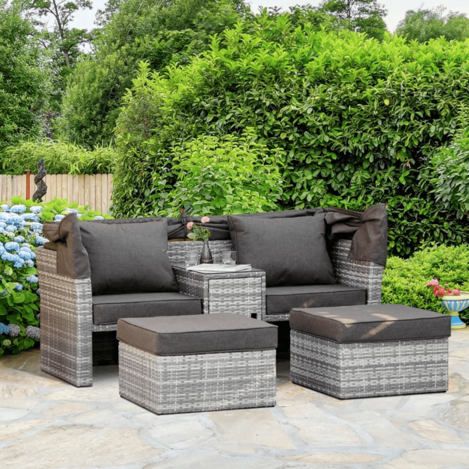 3 PC Outdoor Rattan Daybed Patio Garden Sofa Set with Stool Table Canopy Cushion - Home and Garden Furniture Shop - #rustic - furniture#