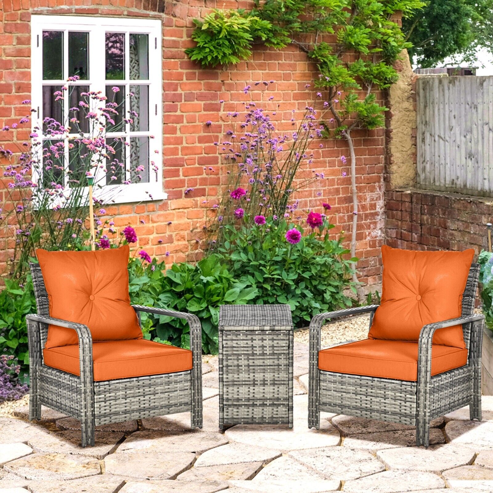 3 Pcs Patio Rattan Garden Bistro Set 2 Padded Chair Seating Storage Coffee Table - Home and Garden Furniture Shop - #rustic - furniture#