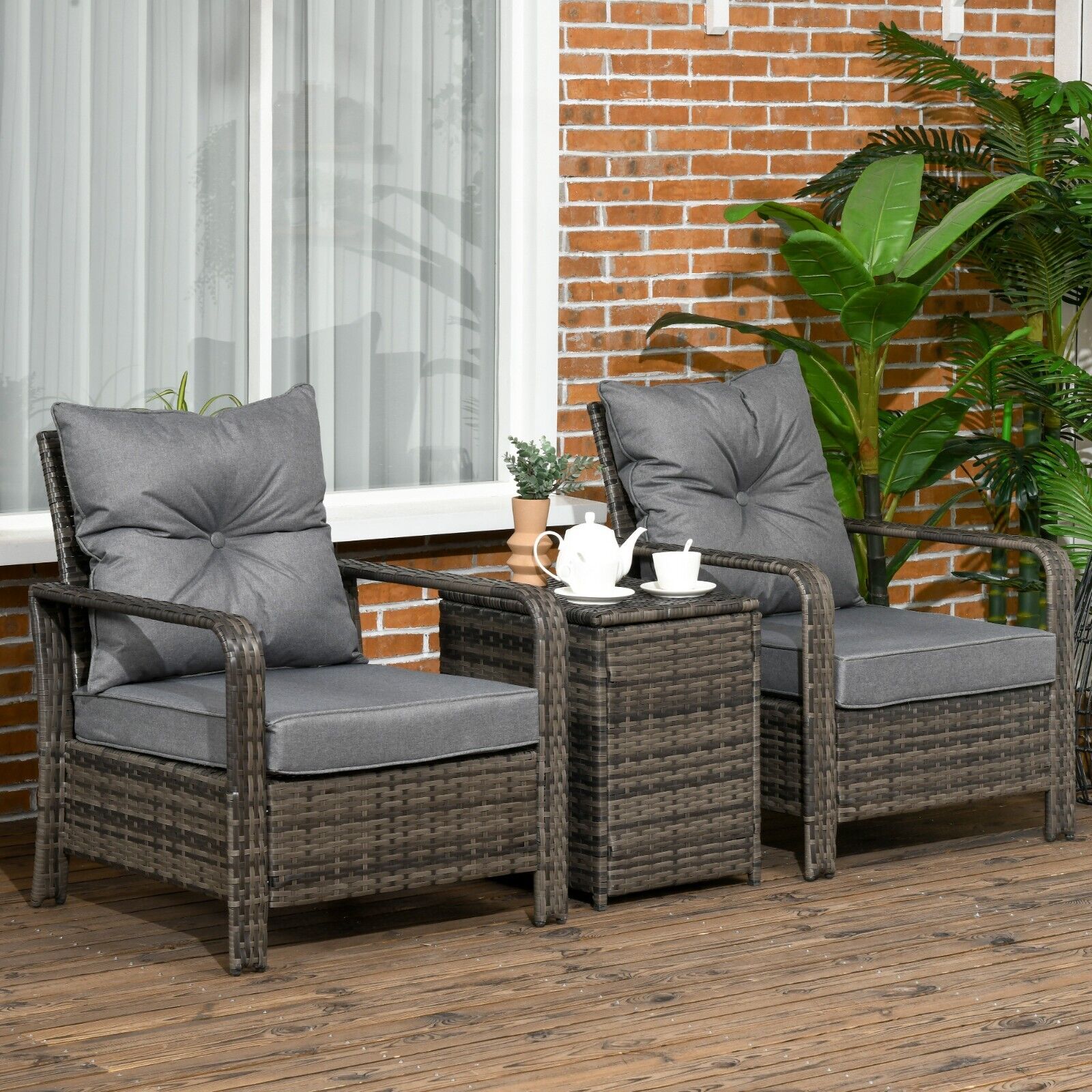 3 Pcs Patio Rattan Garden Bistro Set 2 Padded Chair Seating Storage Coffee Table - Home and Garden Furniture Shop - #rustic - furniture#