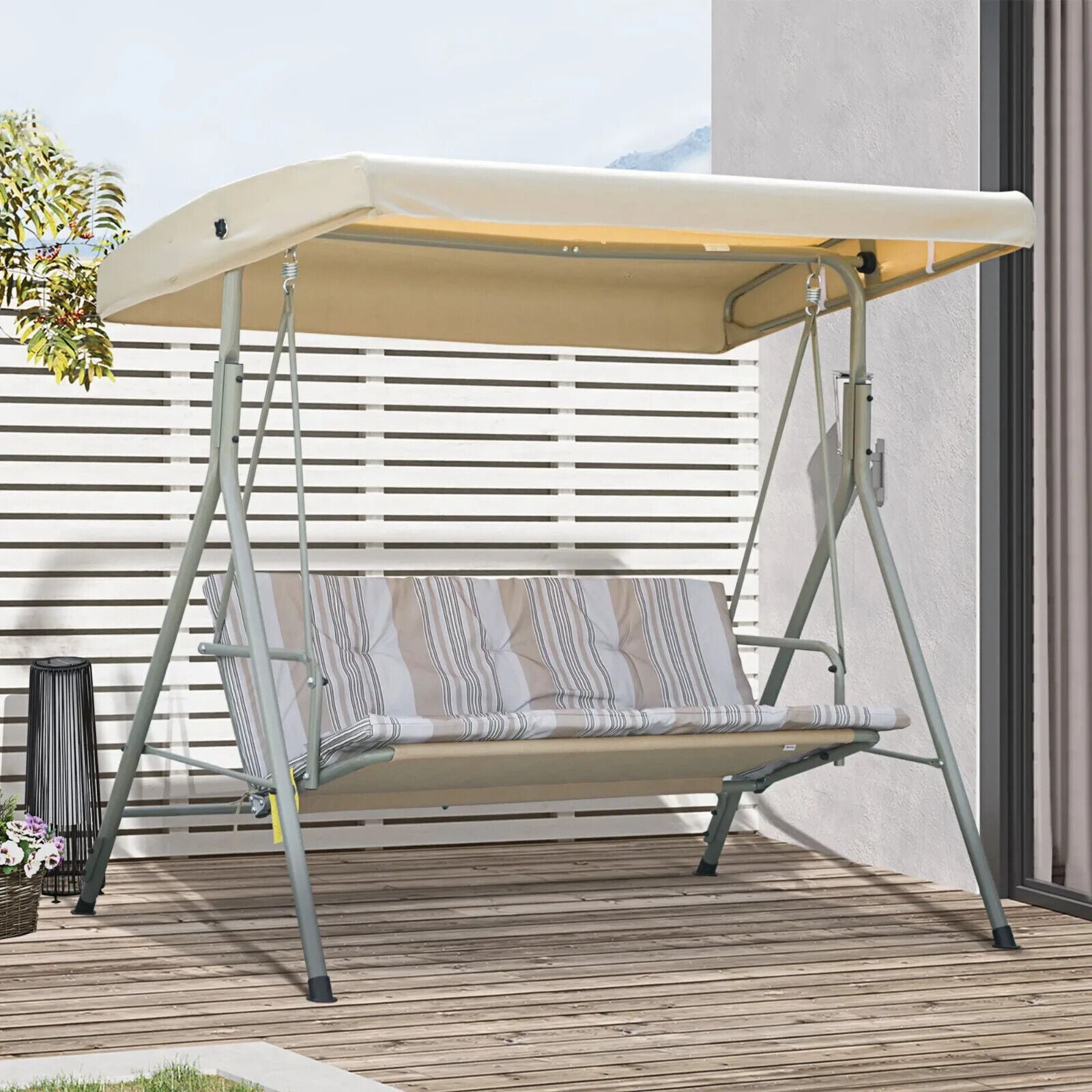 3 Person Garden Swing Bench Chair Outdoor Lounge Patio Swing Canopy Light Brown - Home and Garden Furniture Shop - #rustic - furniture#