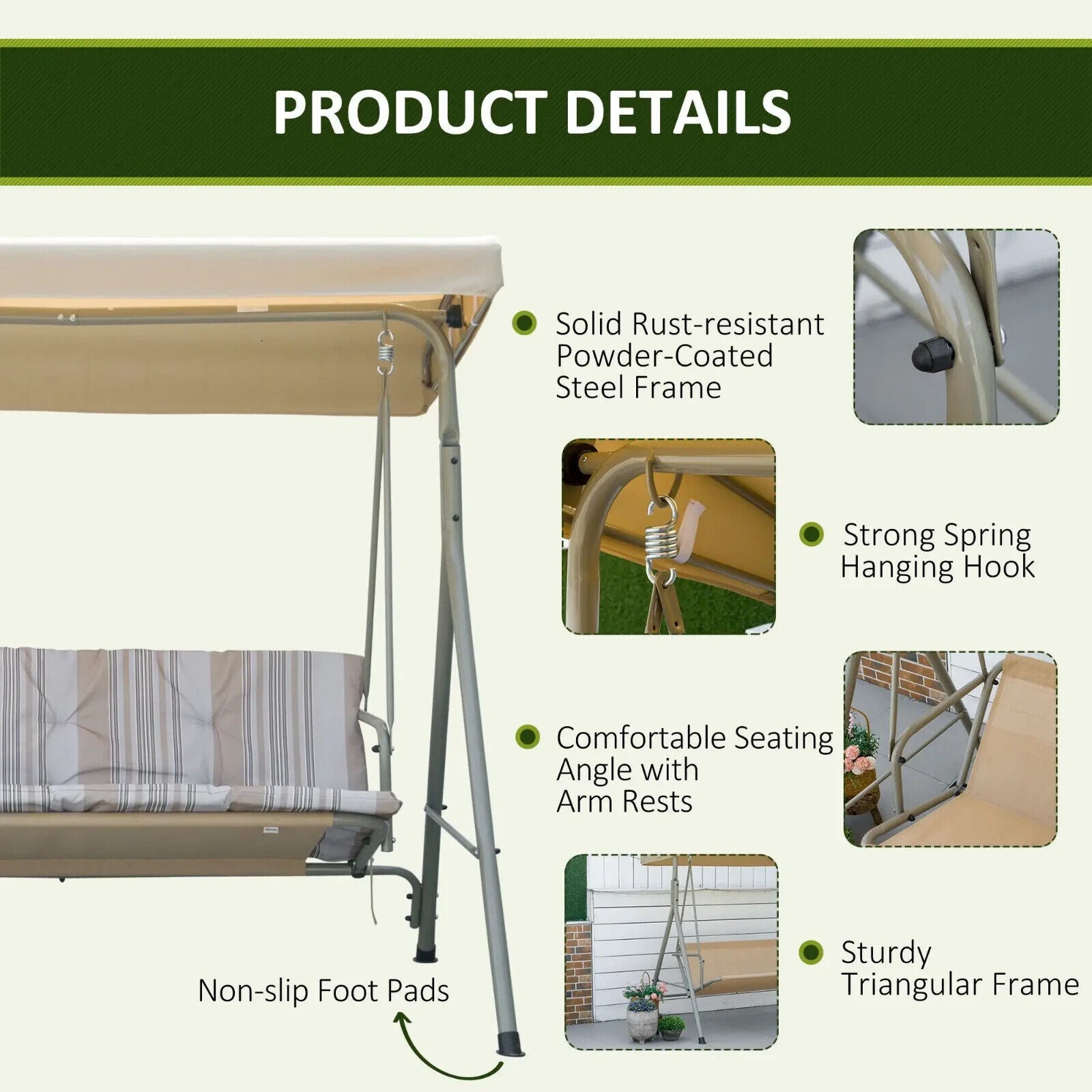 3 Person Garden Swing Bench Chair Outdoor Lounge Patio Swing Canopy Light Brown - Home and Garden Furniture Shop - #rustic - furniture#