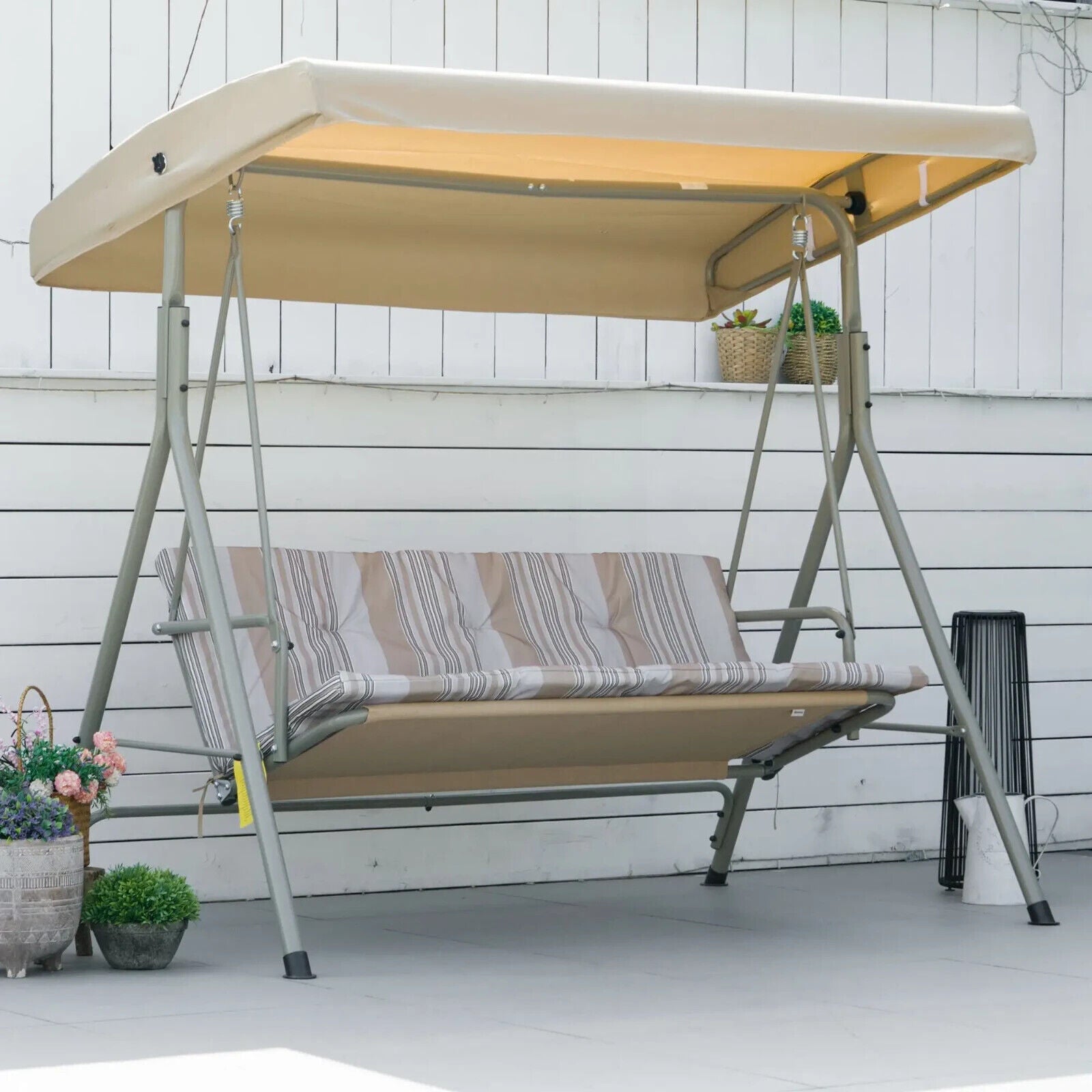 3 Person Garden Swing Bench Chair Outdoor Lounge Patio Swing Canopy Light Brown - Home and Garden Furniture Shop - #rustic - furniture#