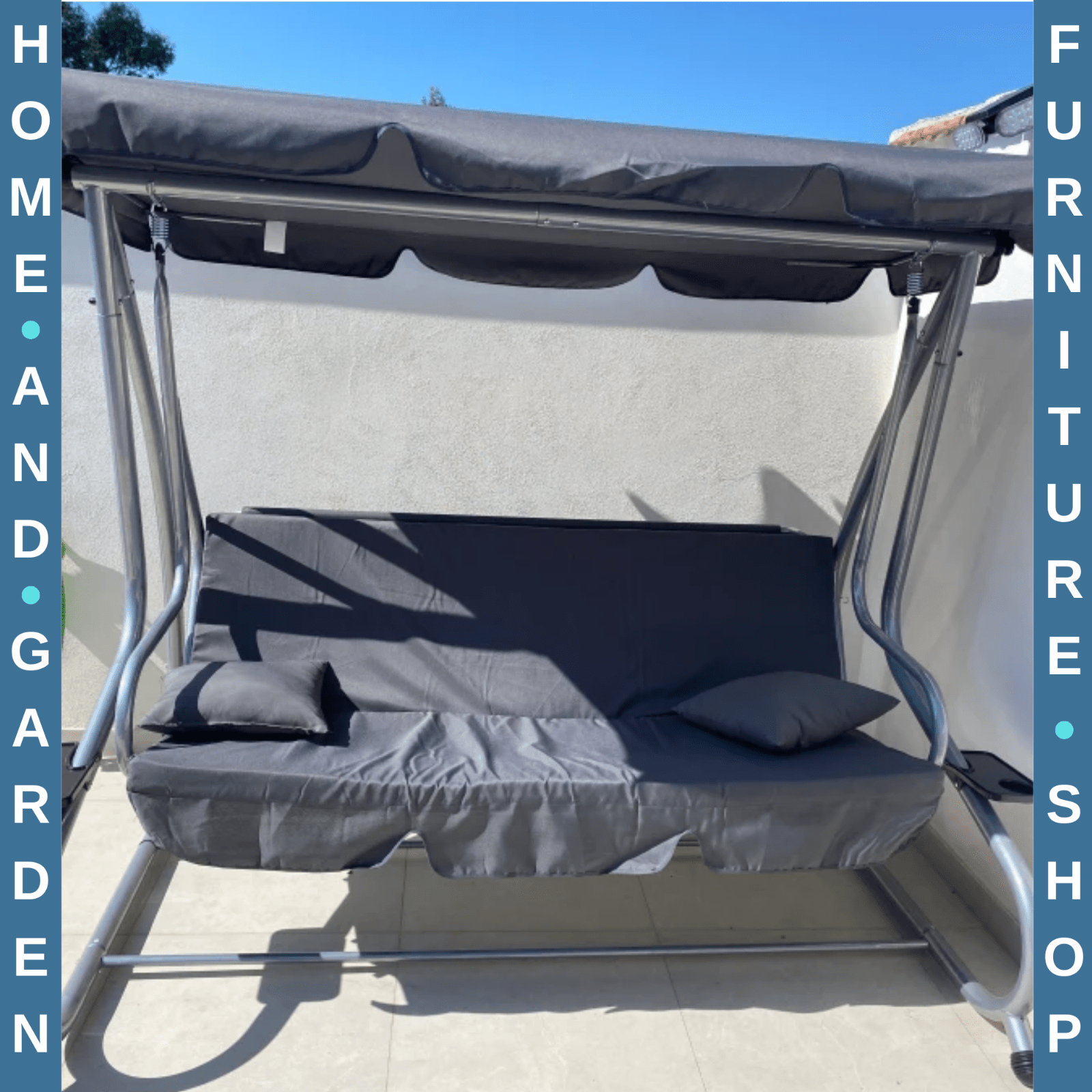 3 Person Garden Swing Chair Bench Convertible Day Bed Adjustable Sun Canopy Grey - Home and Garden Furniture Shop - rustic - furniture