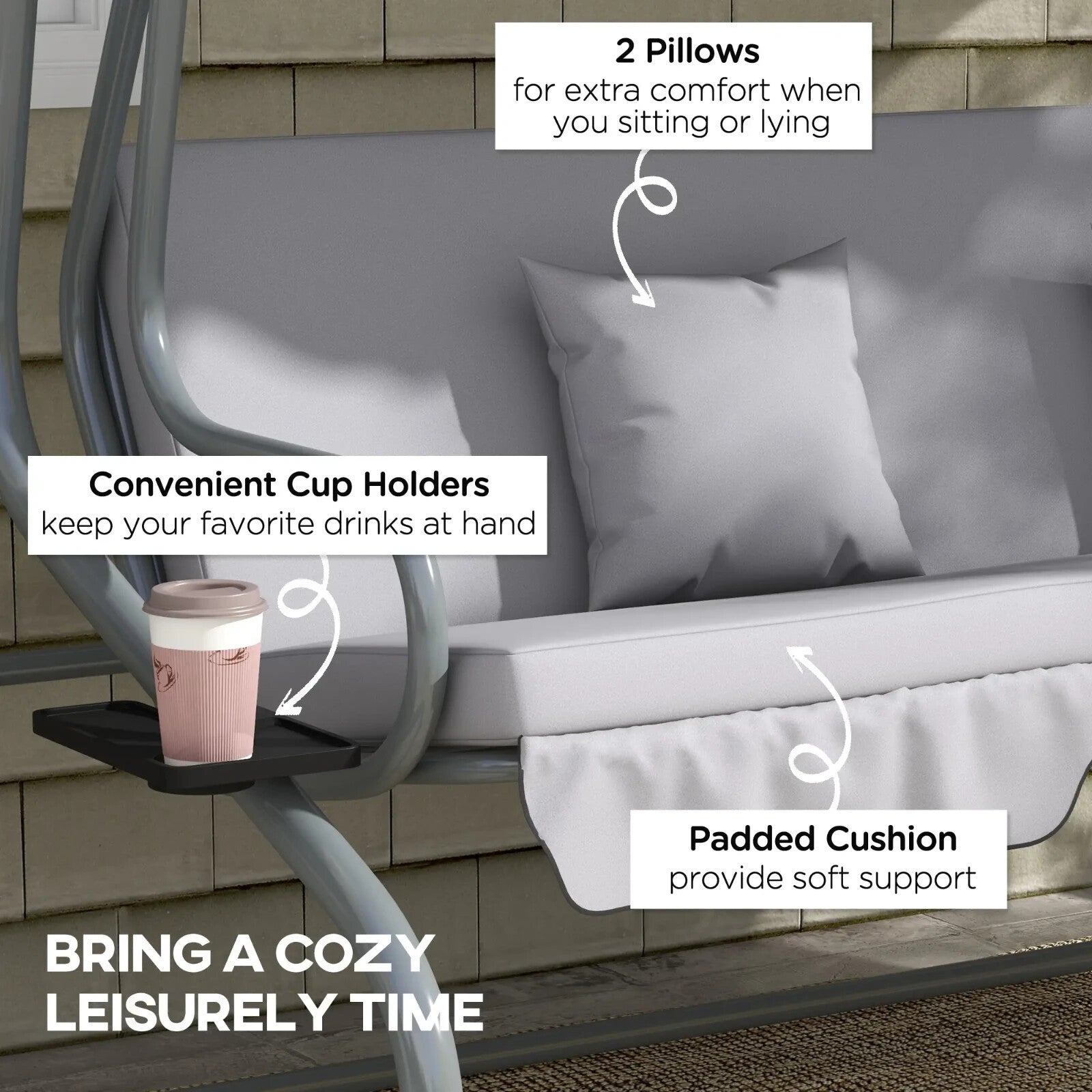 3 Person Garden Swing Chair Bench Convertible Day Bed Adjustable Sun Canopy Grey - Home and Garden Furniture Shop - rustic - furniture
