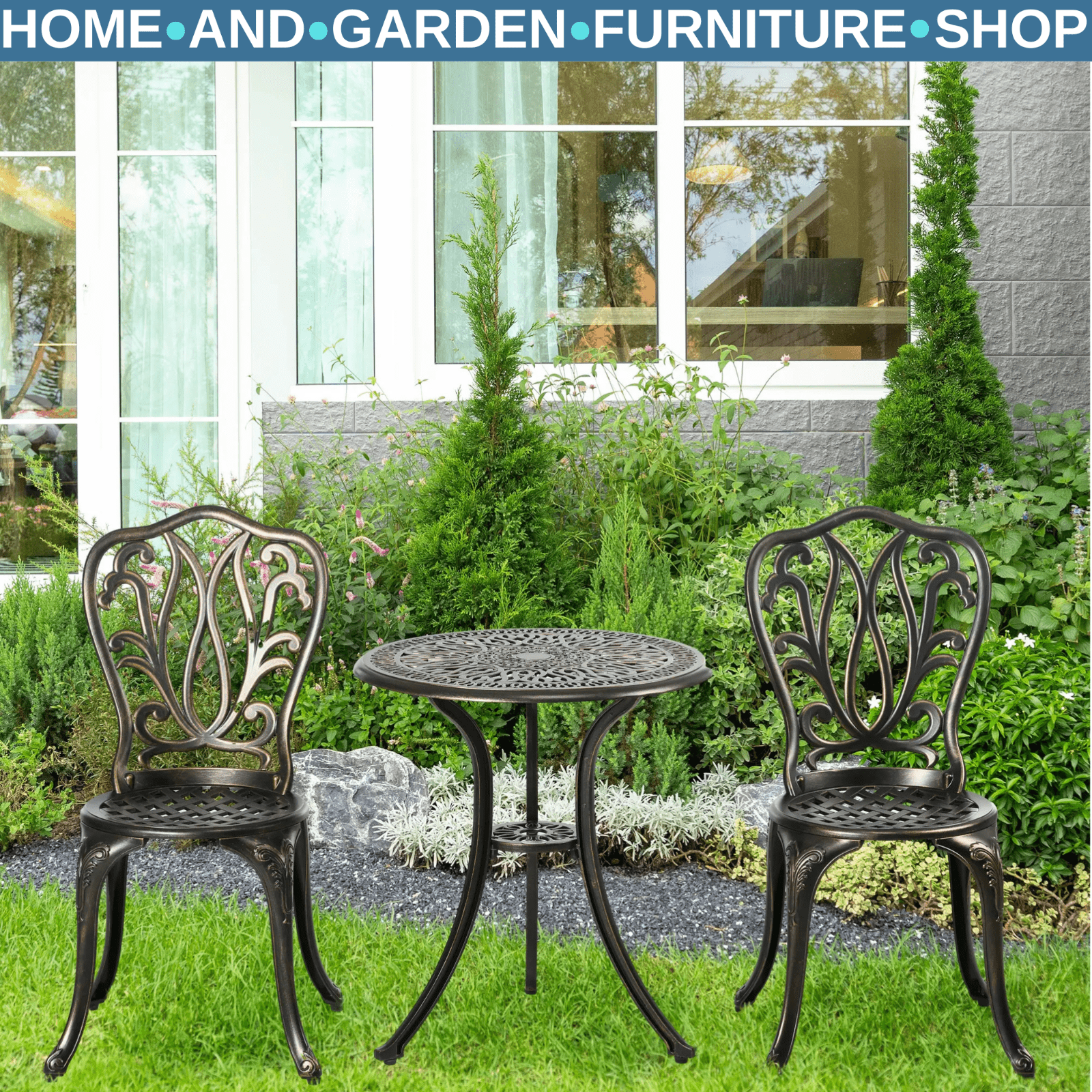 3 Piece Aluminium Garden Bistro Set Outdoor Patio Chairs and Table Bronze Tone - Home and Garden Furniture Shop - rustic - furniture