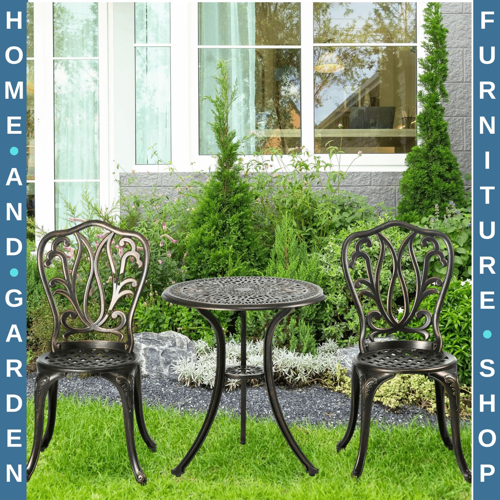 3 Piece Aluminium Garden Bistro Set Outdoor Patio Chairs and Table Bronze Tone - Home and Garden Furniture Shop - rustic - furniture