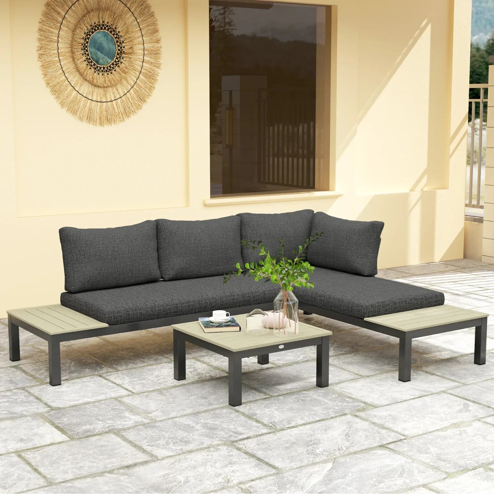 3 Piece Aluminium Garden Corner Sofa Set w/ 2 Loveseats and Coffee Table Outdoor - Home and Garden Furniture Shop - rustic - furniture