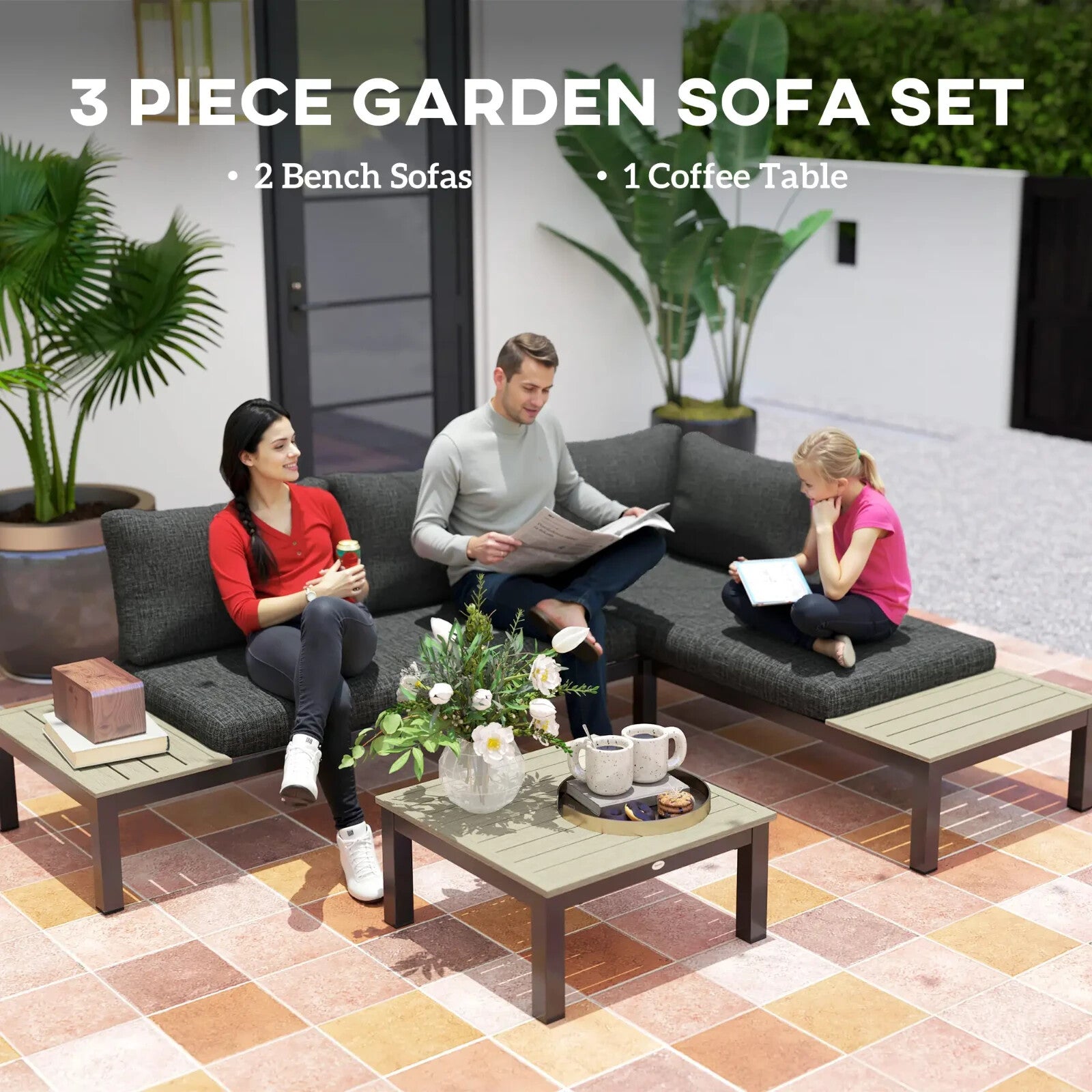 3 Piece Aluminium Garden Corner Sofa Set w/ 2 Loveseats and Coffee Table Outdoor - Home and Garden Furniture Shop - rustic - furniture