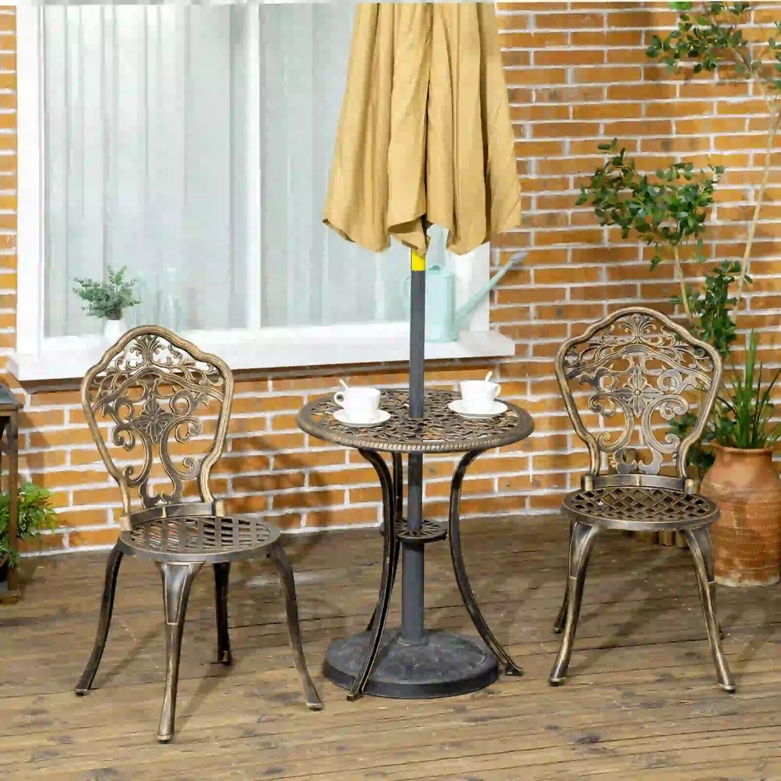 3 Piece Cast Aluminium Garden Bistro Set Outdoor Table Chair Parasol Hole Bronze - Home and Garden Furniture Shop - #rustic - furniture#