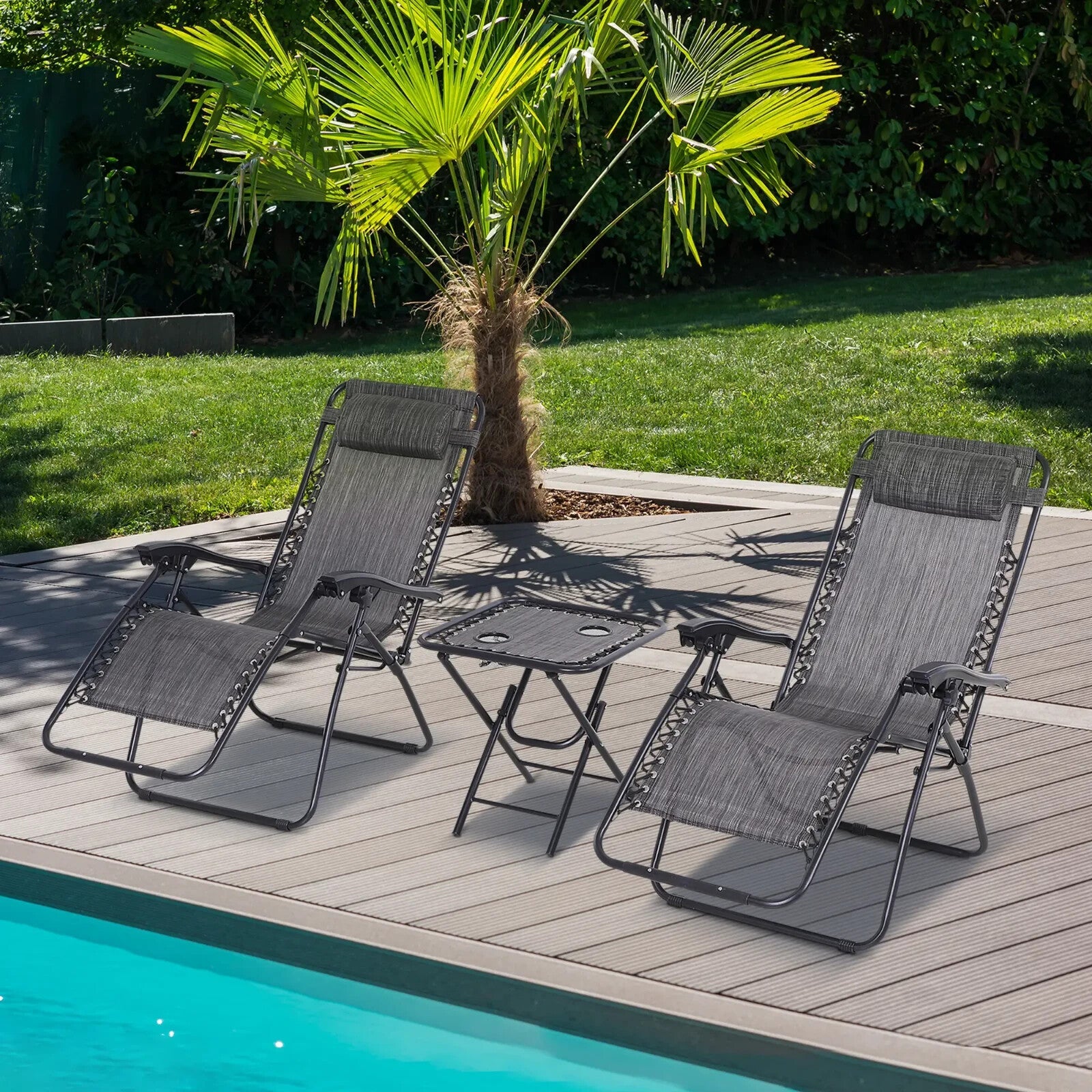 3 Piece Folding Zero Gravity Chairs & Table Set With Cup Holder Sun Lounger Grey - Home and Garden Furniture Shop - rustic - furniture