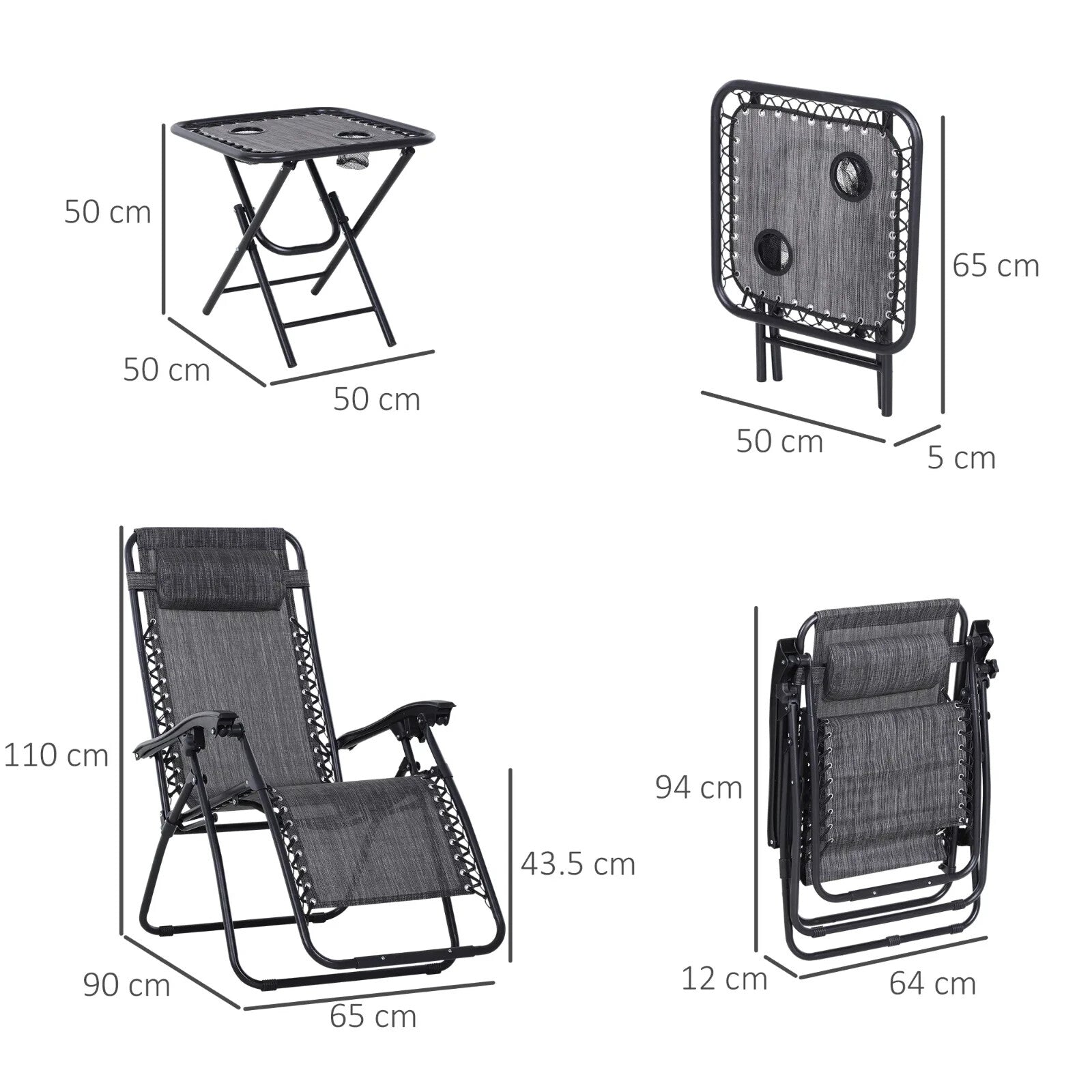 3 Piece Folding Zero Gravity Chairs & Table Set With Cup Holder Sun Lounger Grey - Home and Garden Furniture Shop - rustic - furniture