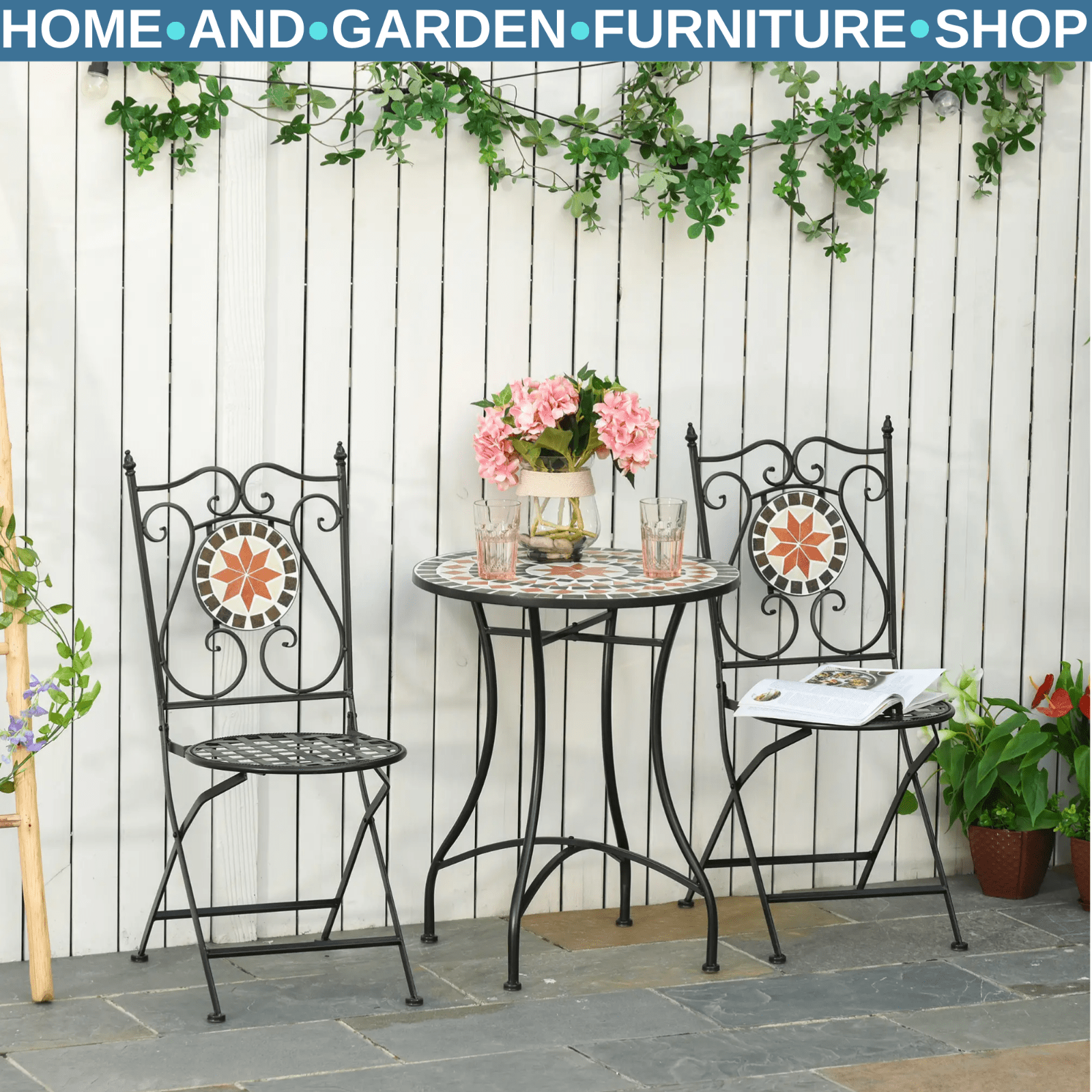 3 - Piece Garden Bistro Set Ceramic Tile Round Table & 2 Foldable Chairs Black - Home and Garden Furniture Shop - rustic - furniture