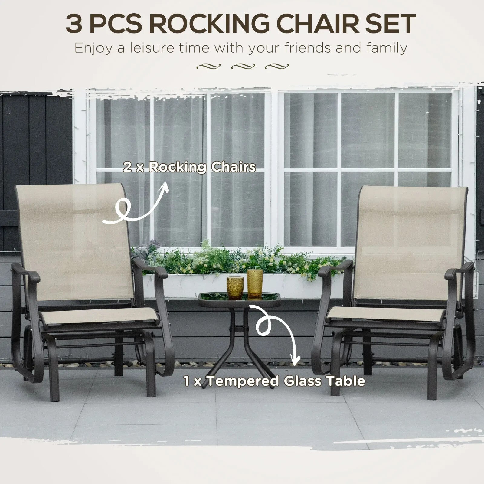 3 Piece Garden Rocking Chair Set with Armchairs and Tempered Glass Patio Table - Home and Garden Furniture Shop - rustic - furniture