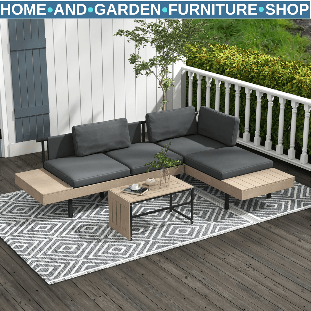 3 Piece L Shaped Garden Sofa Set with Cushions & Table HDPE Patio Furniture Grey - Home and Garden Furniture Shop - rustic - furniture