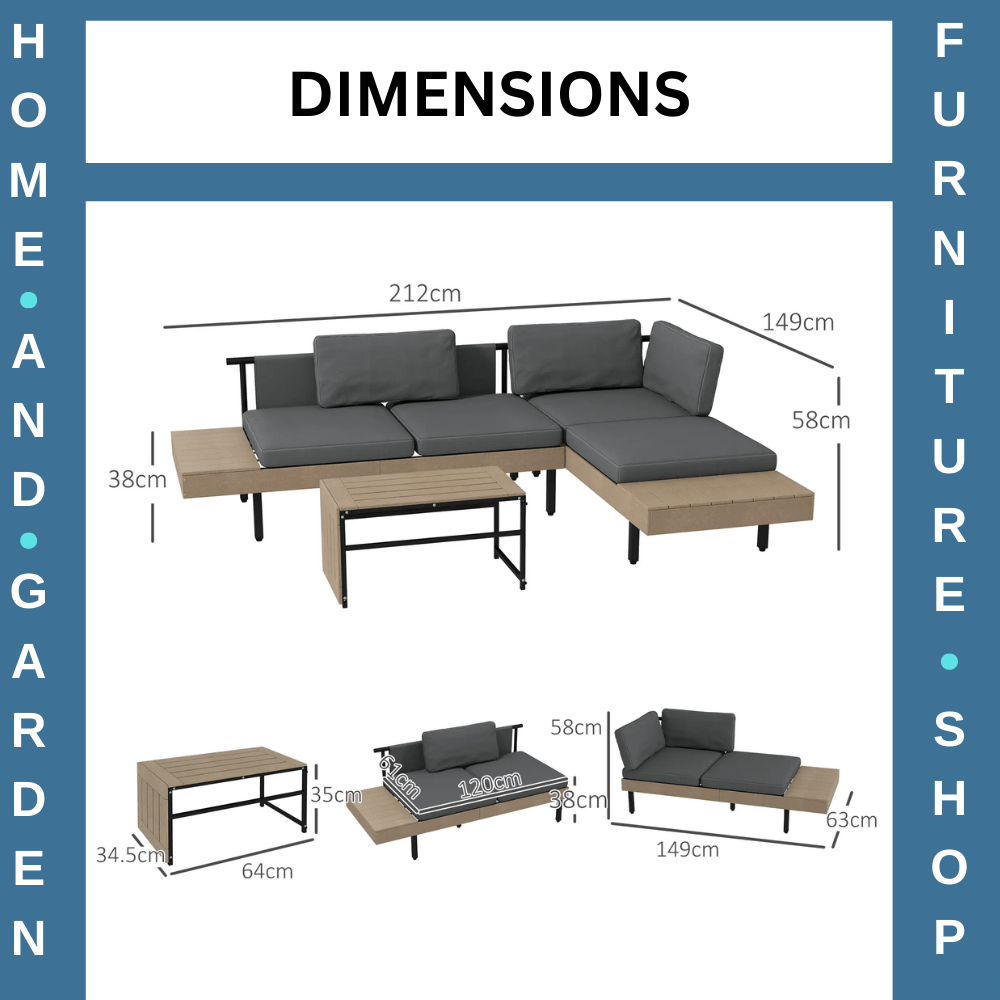 3 Piece L Shaped Garden Sofa Set with Cushions & Table HDPE Patio Furniture Grey - Home and Garden Furniture Shop - rustic - furniture