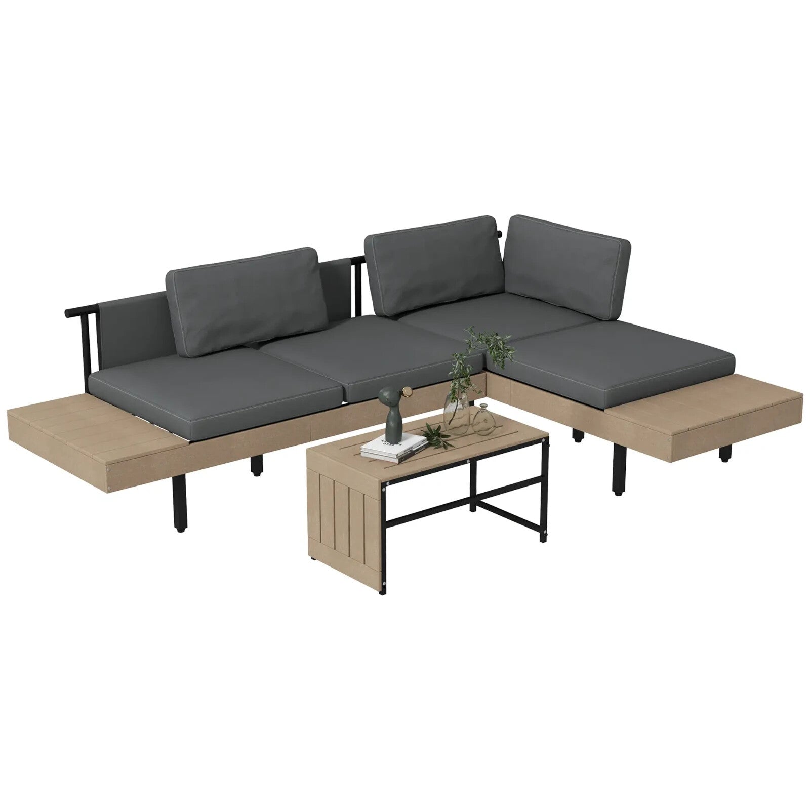 3 Piece L Shaped Garden Sofa Set with Cushions & Table HDPE Patio Furniture Grey - Home and Garden Furniture Shop - rustic - furniture