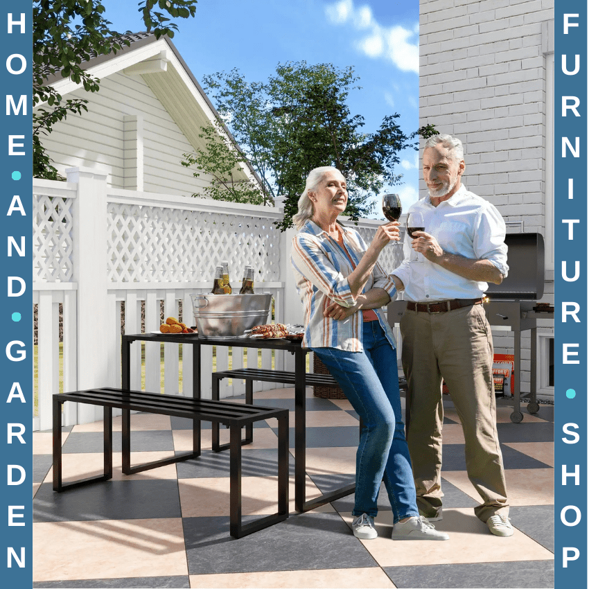 3 Piece Metal Garden Table & Bench Set Outdoor Patio Dining Furniture with Seat - Home and Garden Furniture Shop - rustic - furniture