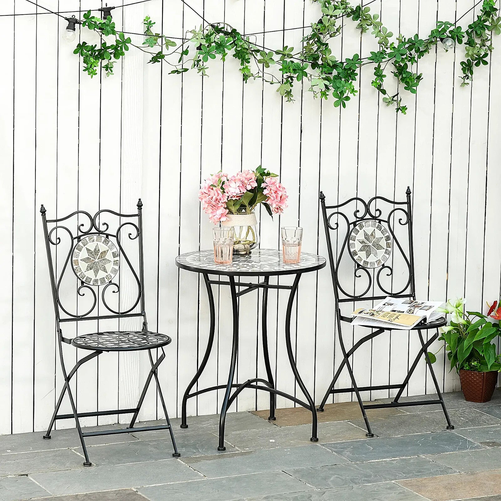 3 - Piece Mosaic Tile Garden Bistro Set – Outdoor Table and 2 Folding Chairs - Home and Garden Furniture Shop - rustic - furniture