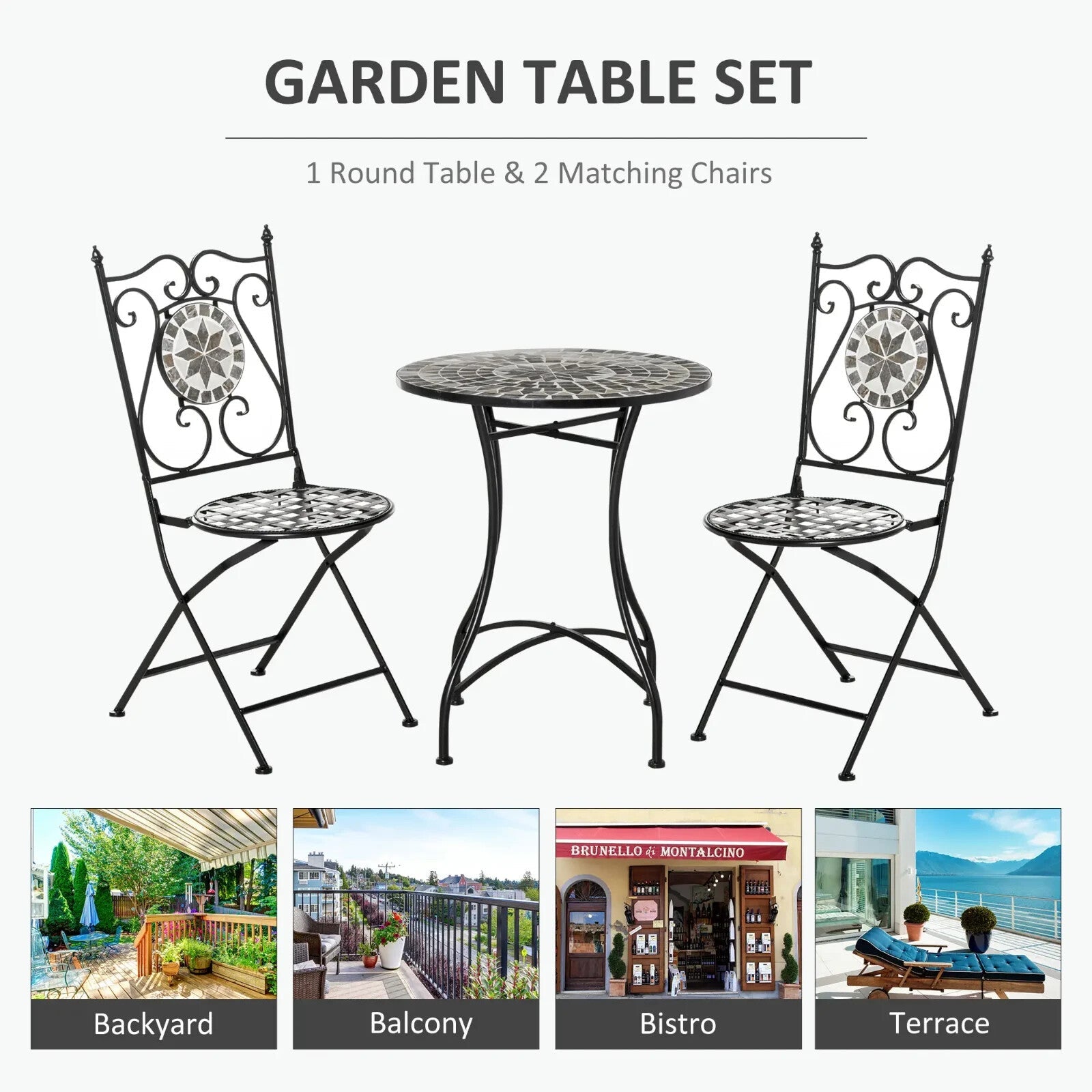 3 - Piece Mosaic Tile Garden Bistro Set – Outdoor Table and 2 Folding Chairs - Home and Garden Furniture Shop - rustic - furniture