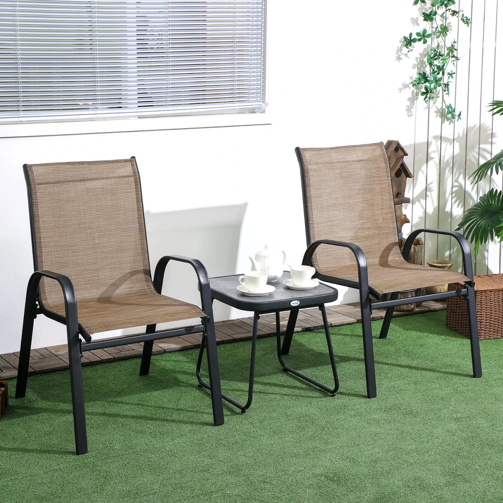 3 Piece Outdoor Bistro Set Stackable Patio Chair with Mesh Fabric & Coffee Table - Home and Garden Furniture Shop - #rustic - furniture#