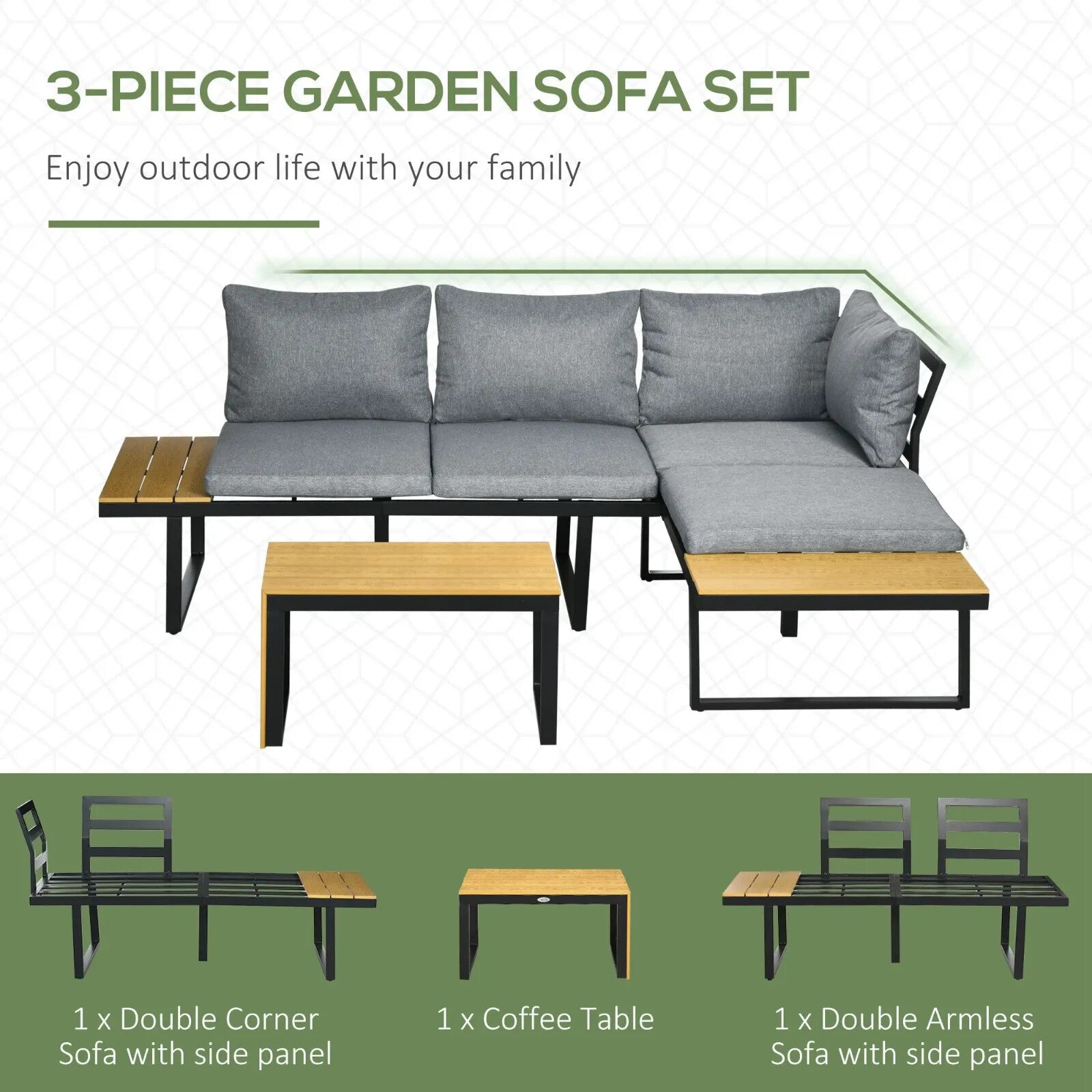 3 Piece Patio Furniture Set Outdoor Garden Sofa with Cushions & Wood Grain Table - Home and Garden Furniture Shop - rustic - furniture