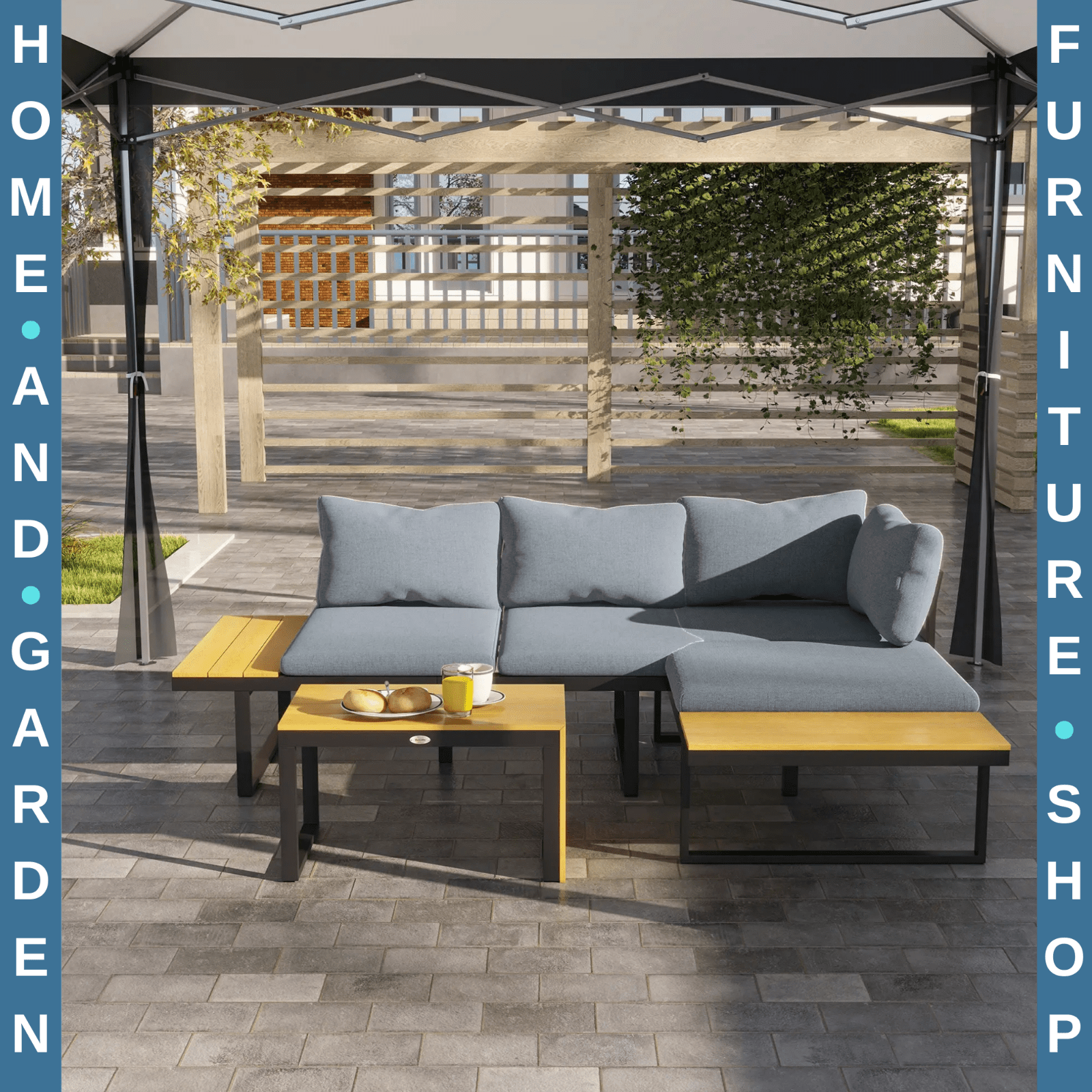 3 Piece Patio Furniture Set Outdoor Garden Sofa with Cushions & Wood Grain Table - Home and Garden Furniture Shop - rustic - furniture
