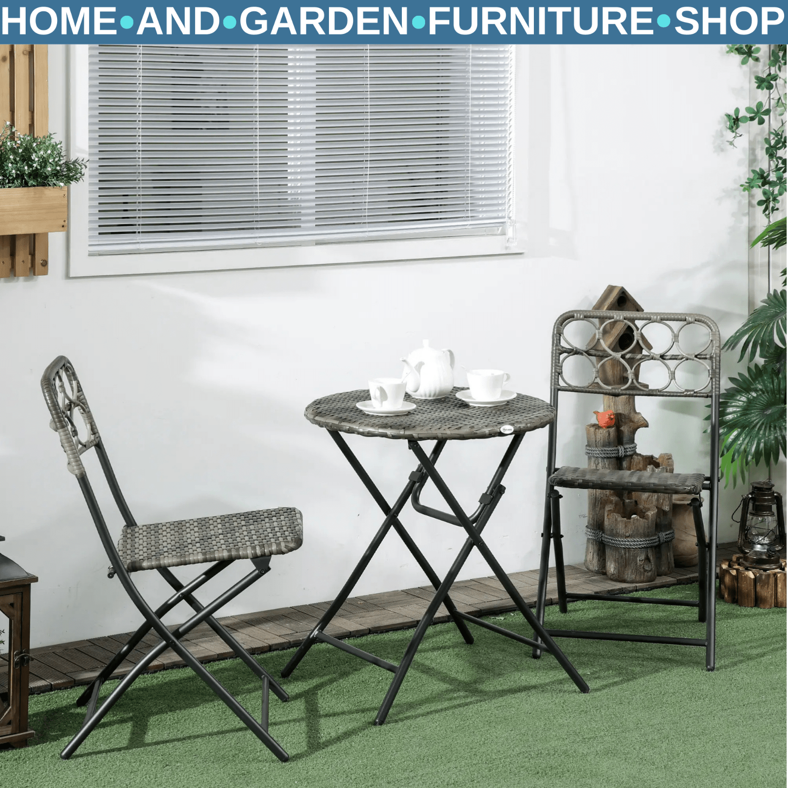 3 Piece Rattan Bistro Set Folding Outdoor Furniture Chairs and Coffee Table Grey - Home and Garden Furniture Shop - #rustic - furniture#