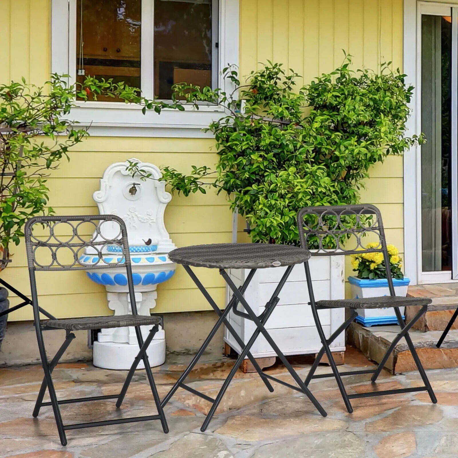 3 Piece Rattan Bistro Set Folding Outdoor Furniture Chairs and Coffee Table Grey - Home and Garden Furniture Shop - #rustic - furniture#