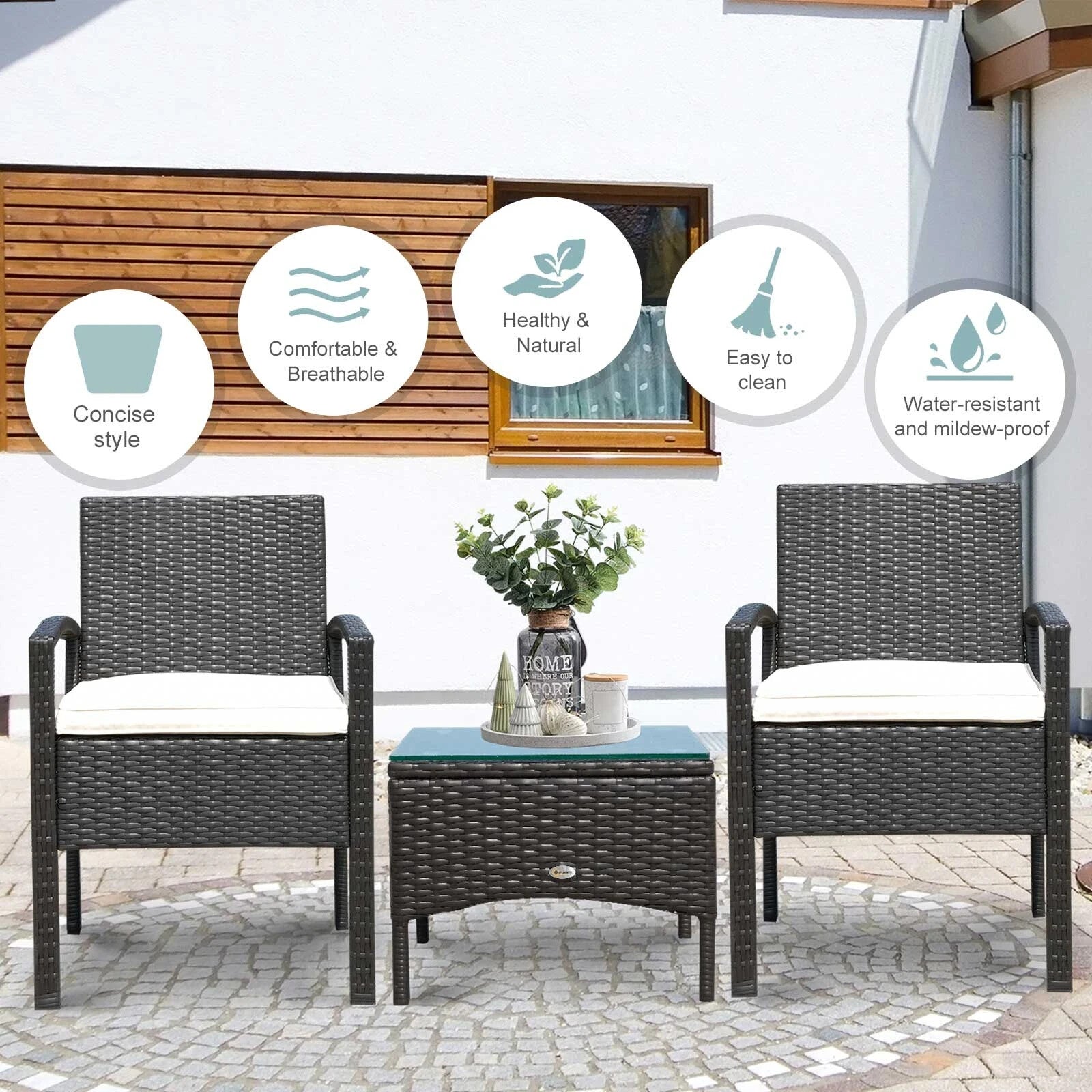 3 Piece Rattan Bistro Set Garden Balcony Dining Table 2 Seater Chairs Brown - Home and Garden Furniture Shop - rustic - furniture
