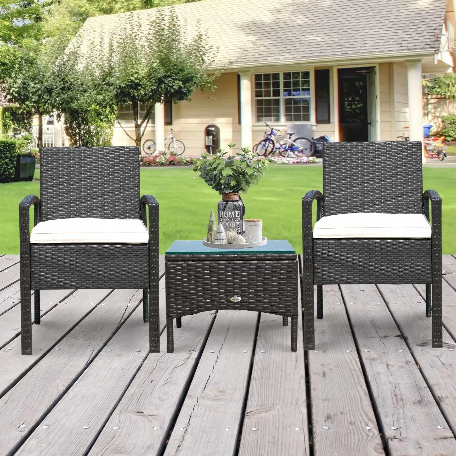 3 Piece Rattan Bistro Set Garden Balcony Dining Table 2 Seater Chairs Brown - Home and Garden Furniture Shop - rustic - furniture