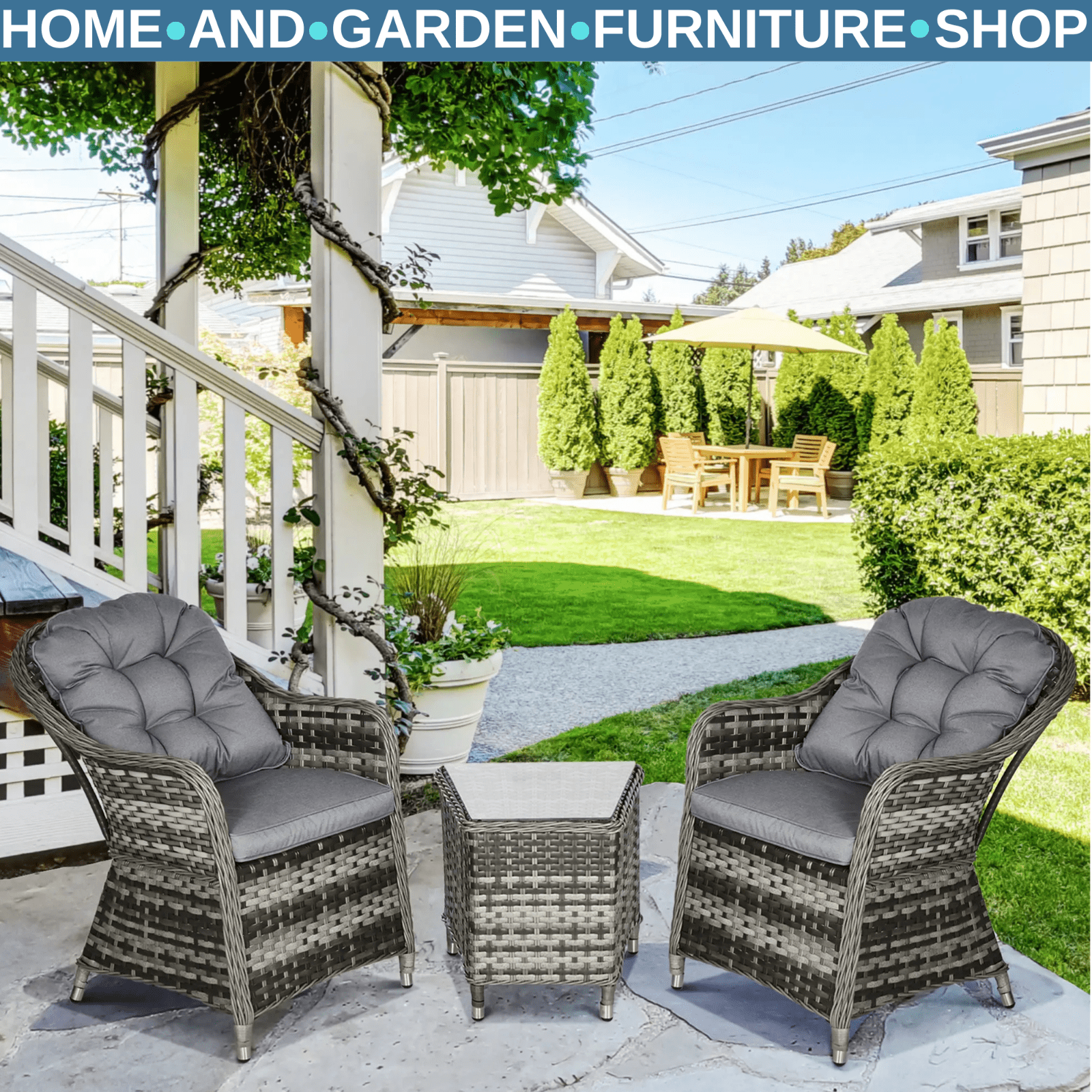 3 Piece Rattan Bistro Set Garden Balcony Furniture Cushions & Glass Top Table - Home and Garden Furniture Shop - rustic - furniture