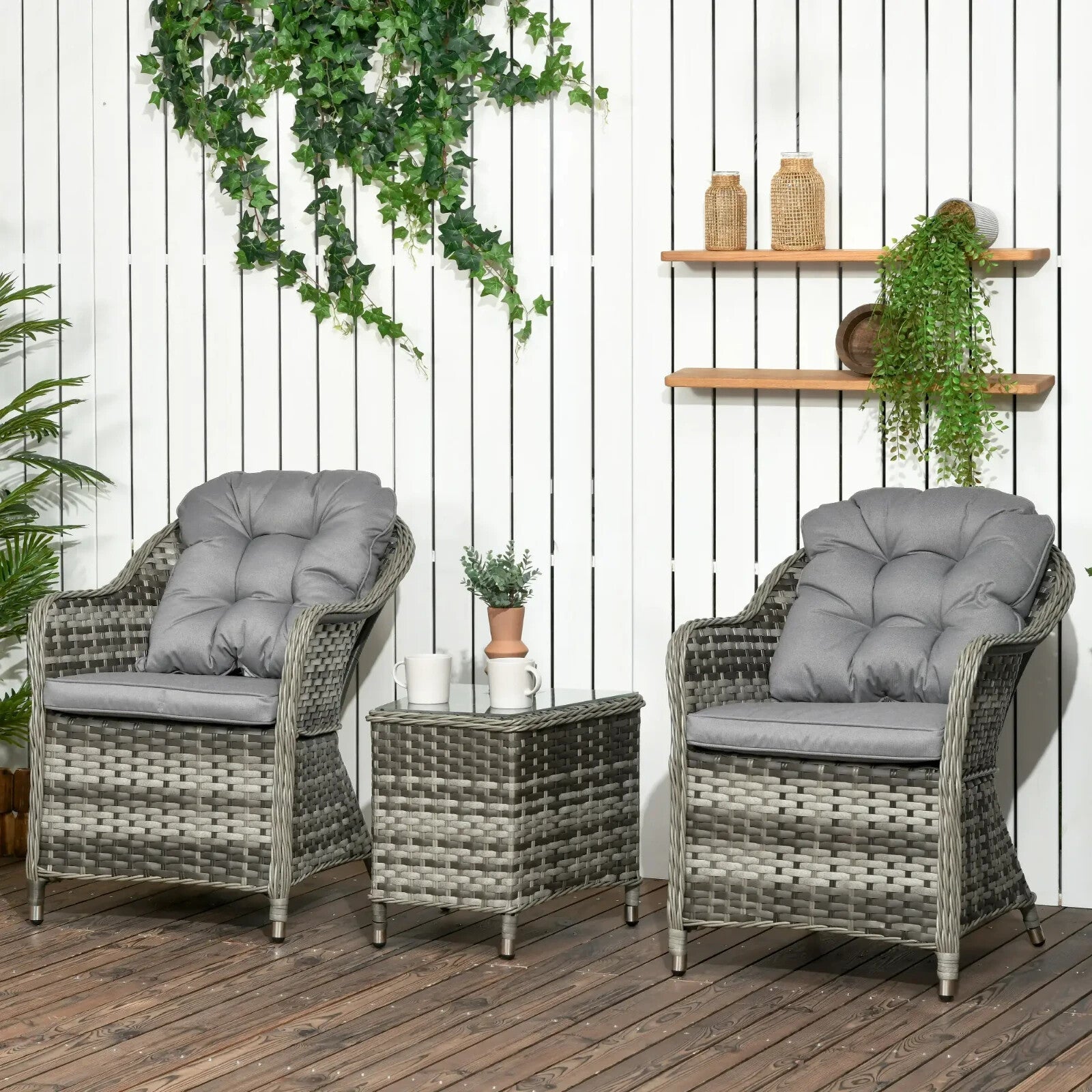 3 Piece Rattan Bistro Set Garden Balcony Furniture Cushions & Glass Top Table - Home and Garden Furniture Shop - rustic - furniture