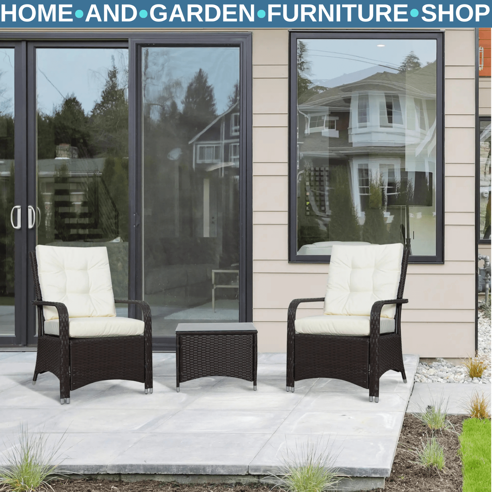 3 Piece Rattan Bistro Set Garden Furniture with Cushions and Glass Table - Home and Garden Furniture Shop - rustic - furniture