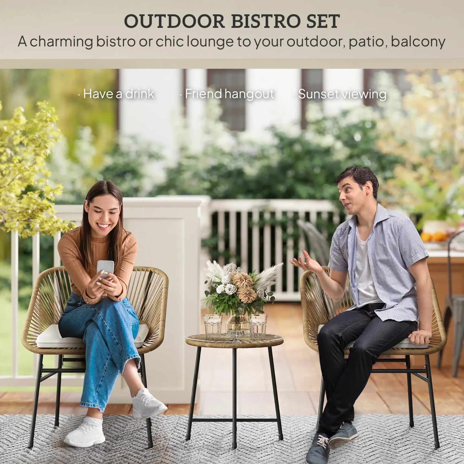 3 Piece Rattan Bistro Set Small Garden Chairs with Cushions and Glass Top Table - Home and Garden Furniture Shop - rustic - furniture