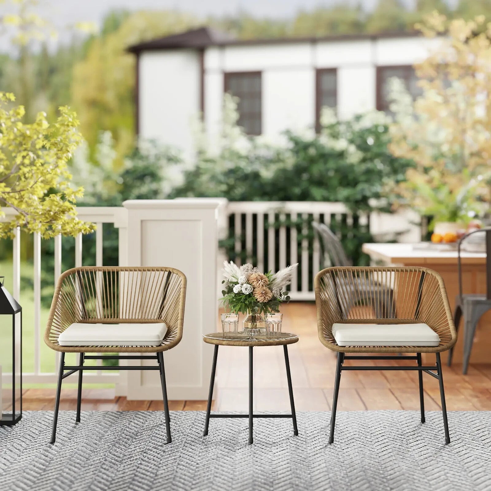 3 Piece Rattan Bistro Set Small Garden Chairs with Cushions and Glass Top Table - Home and Garden Furniture Shop - rustic - furniture