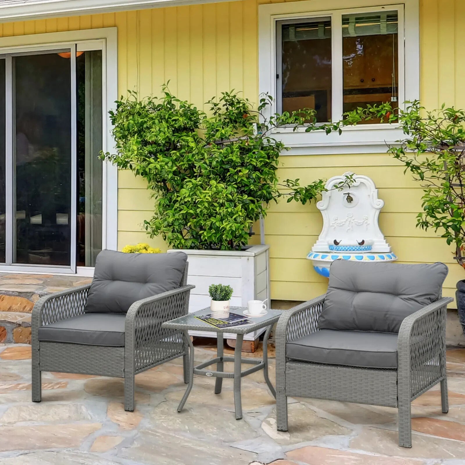 3 Piece Rattan Bistro Set with Coffee Table, Chairs and Cushions for Outdoor - Home and Garden Furniture Shop - rustic - furniture