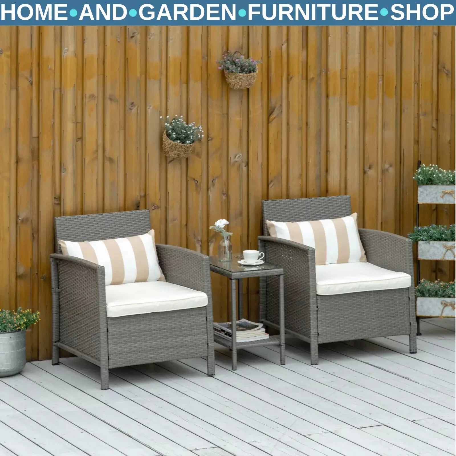 3 Piece Rattan Garden Bistro Set with Sofa Chair and Table Furniture Light Grey - Home and Garden Furniture Shop - rustic - furniture