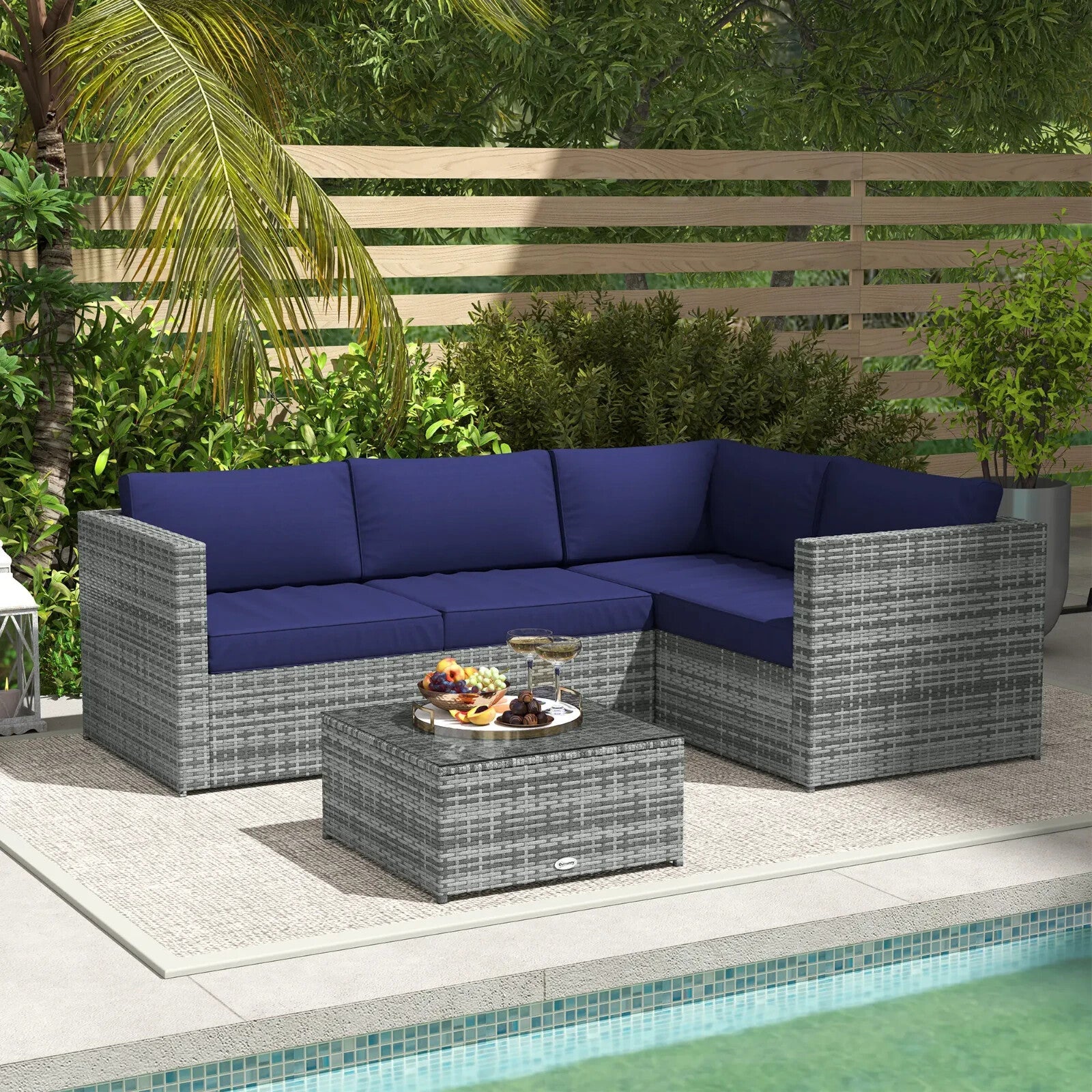 3 Piece Rattan Garden Furniture Set w/Cushion 4 Seater Corner Sofa & Glass Table - Home and Garden Furniture Shop - rustic - furniture