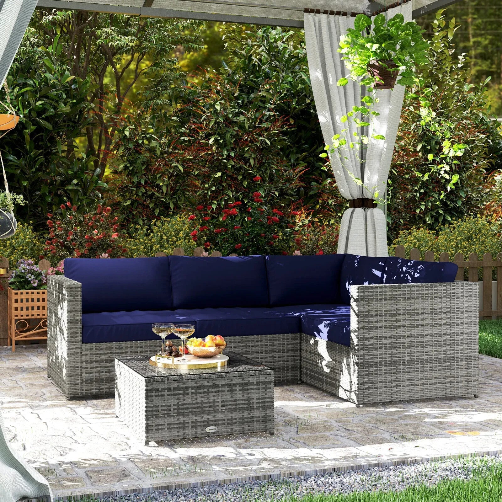 3 Piece Rattan Garden Furniture Set w/Cushion 4 Seater Corner Sofa & Glass Table - Home and Garden Furniture Shop - rustic - furniture