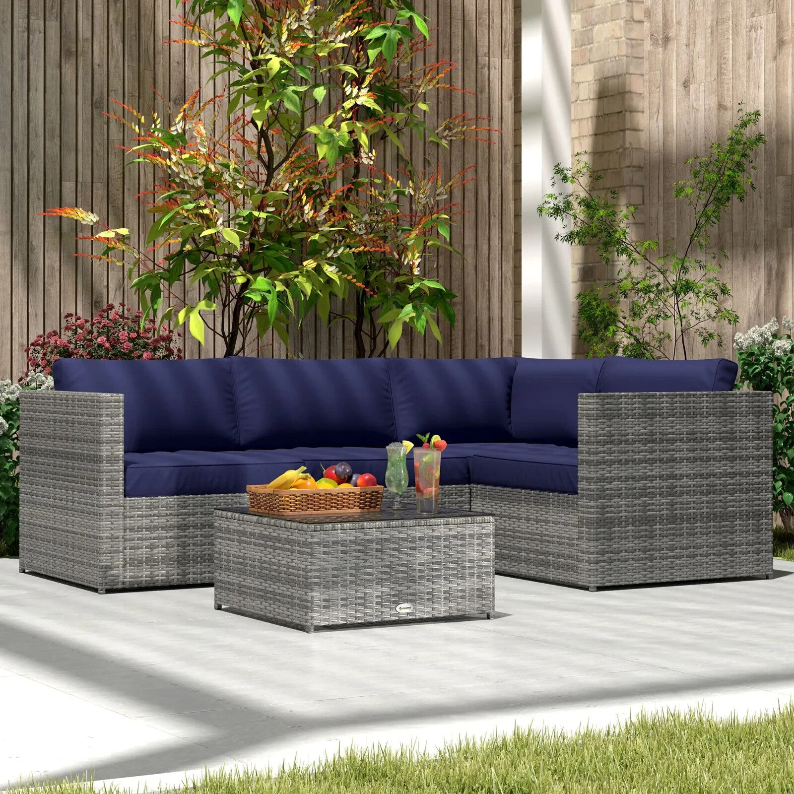 3 Piece Rattan Garden Furniture Set w/Cushion 4 Seater Corner Sofa & Glass Table - Home and Garden Furniture Shop - rustic - furniture