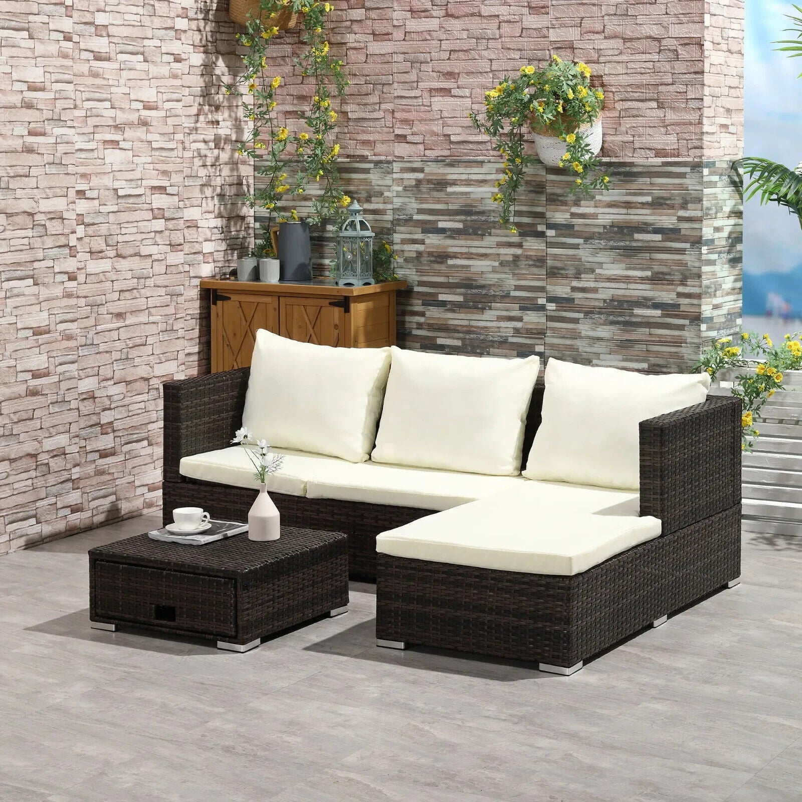 3 Piece Rattan Garden Furniture Sofa Set with Storage Coffee Table Sun Lounger - Home and Garden Furniture Shop - #rustic - furniture#