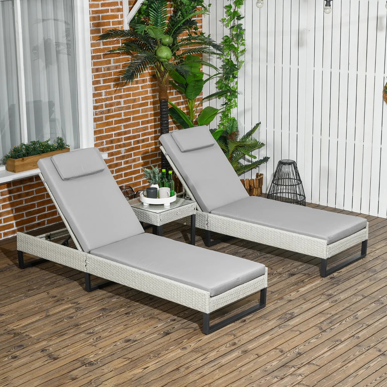 3 Piece Rattan Sun Lounger Set With Adjustable Recliner Chaise Lounge And Table - Home and Garden Furniture Shop - rustic - furniture