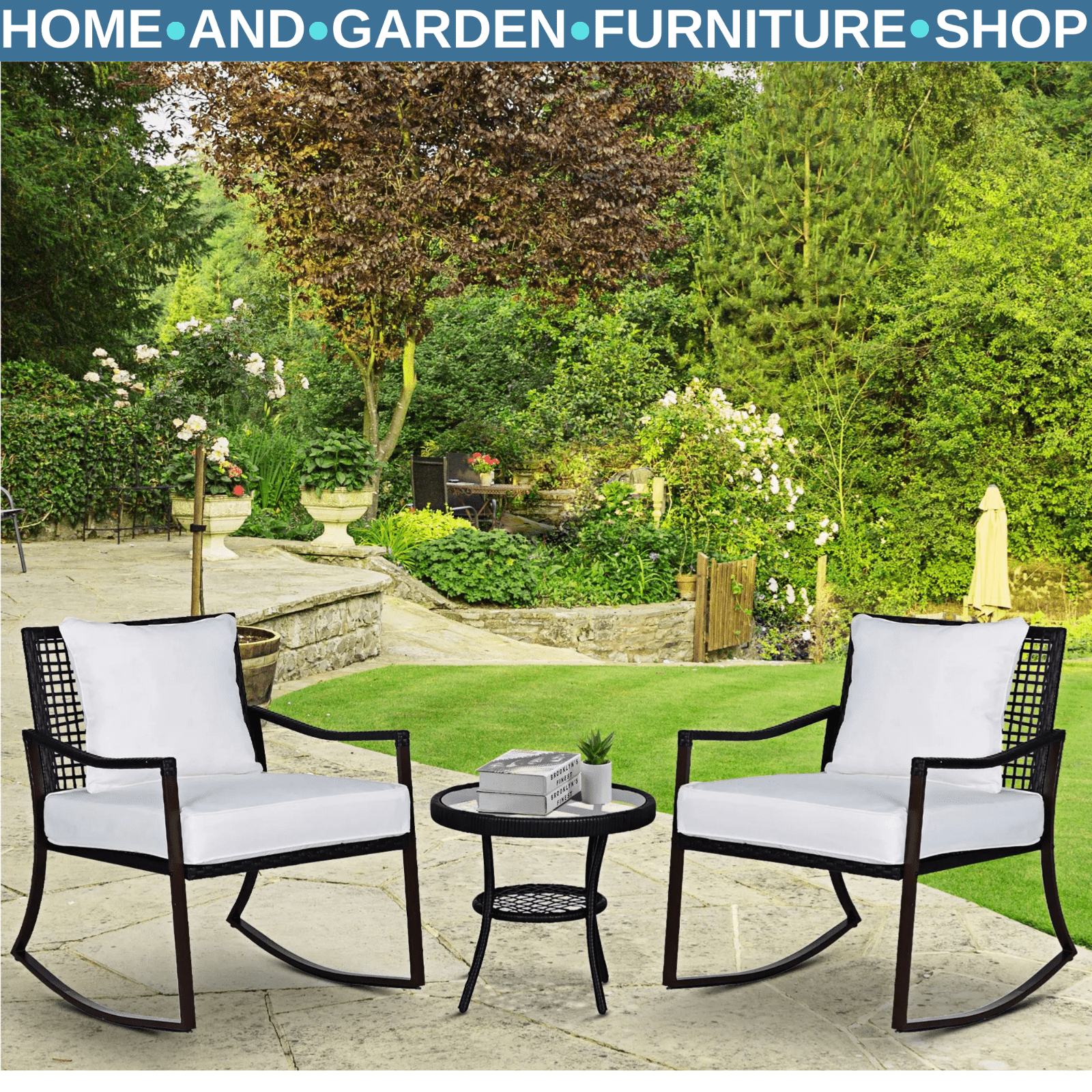 3 Piece Rocking Chair Bistro Set With Table Rattan Wicker Garden Furniture Brown - Home and Garden Furniture Shop - rustic - furniture