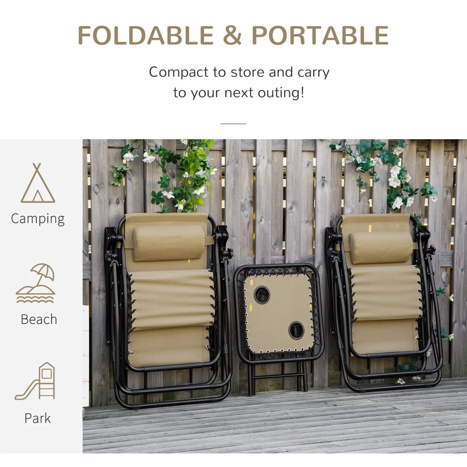 3 Piece Zero Gravity Chair and Table Set with Cup Holders Sun Loungers Beige - Home and Garden Furniture Shop - rustic - furniture