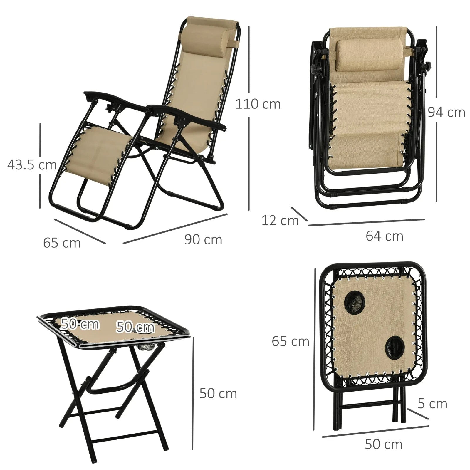 3 Piece Zero Gravity Chair and Table Set with Cup Holders Sun Loungers Beige - Home and Garden Furniture Shop - rustic - furniture
